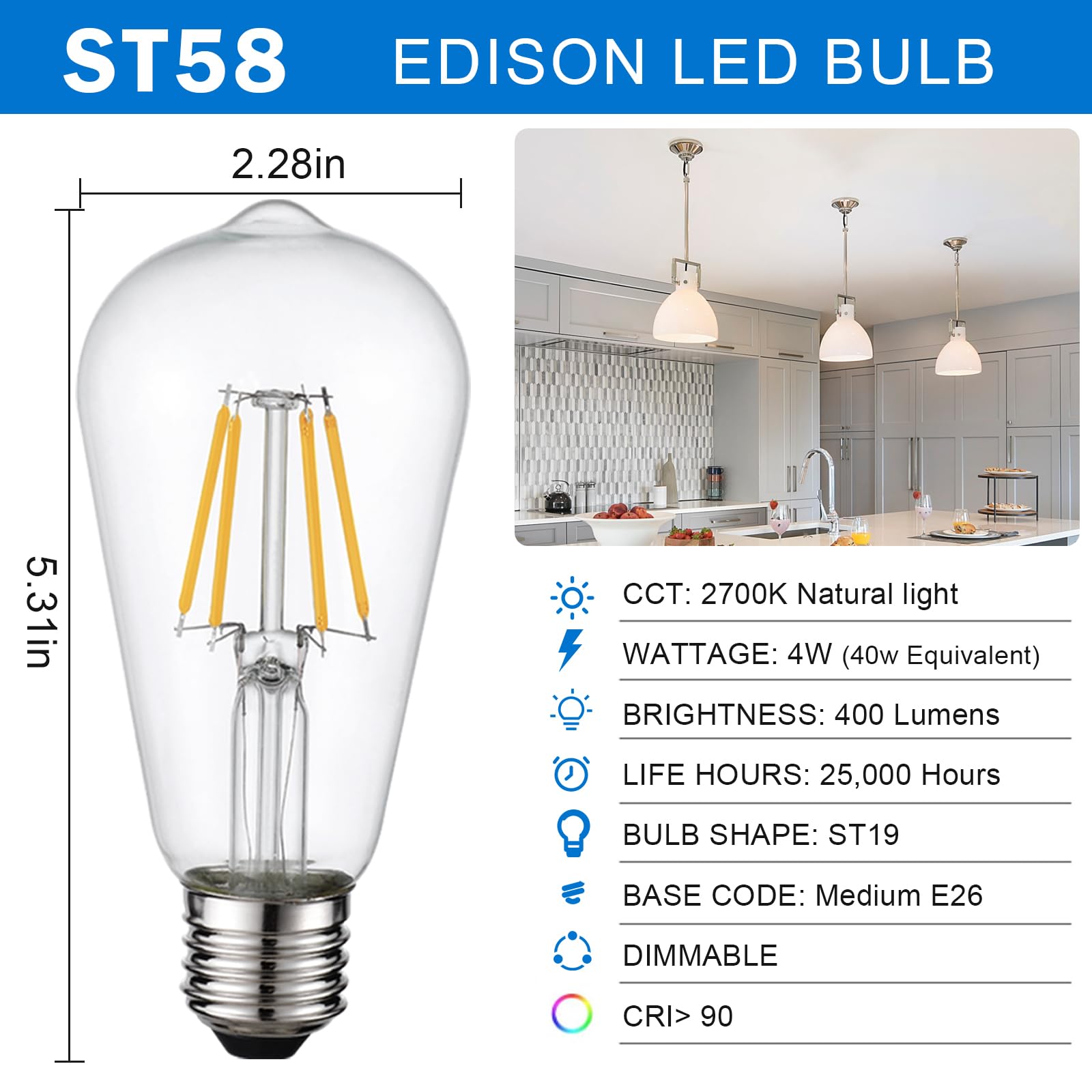 Hession Vintage Led Edison Bulb, Medium E26 Led Bulbs 40W Equivalent, 6-Pack Dimmable Light Bulbs, High Brightness 400Lm Warm Wh