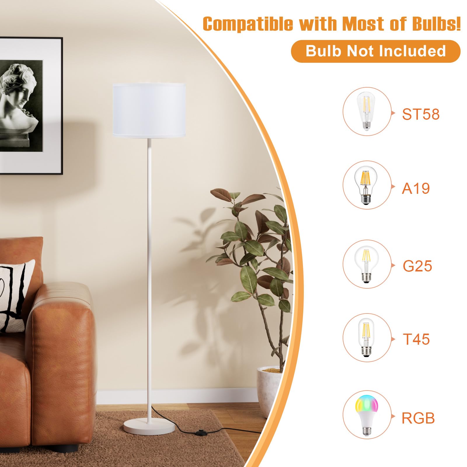 Ambimall 60'' Modern Floor Lamp With Shade, Tall Lamps For Living Room, Bedroom, Office, Dining Room, White Shade With White Pol