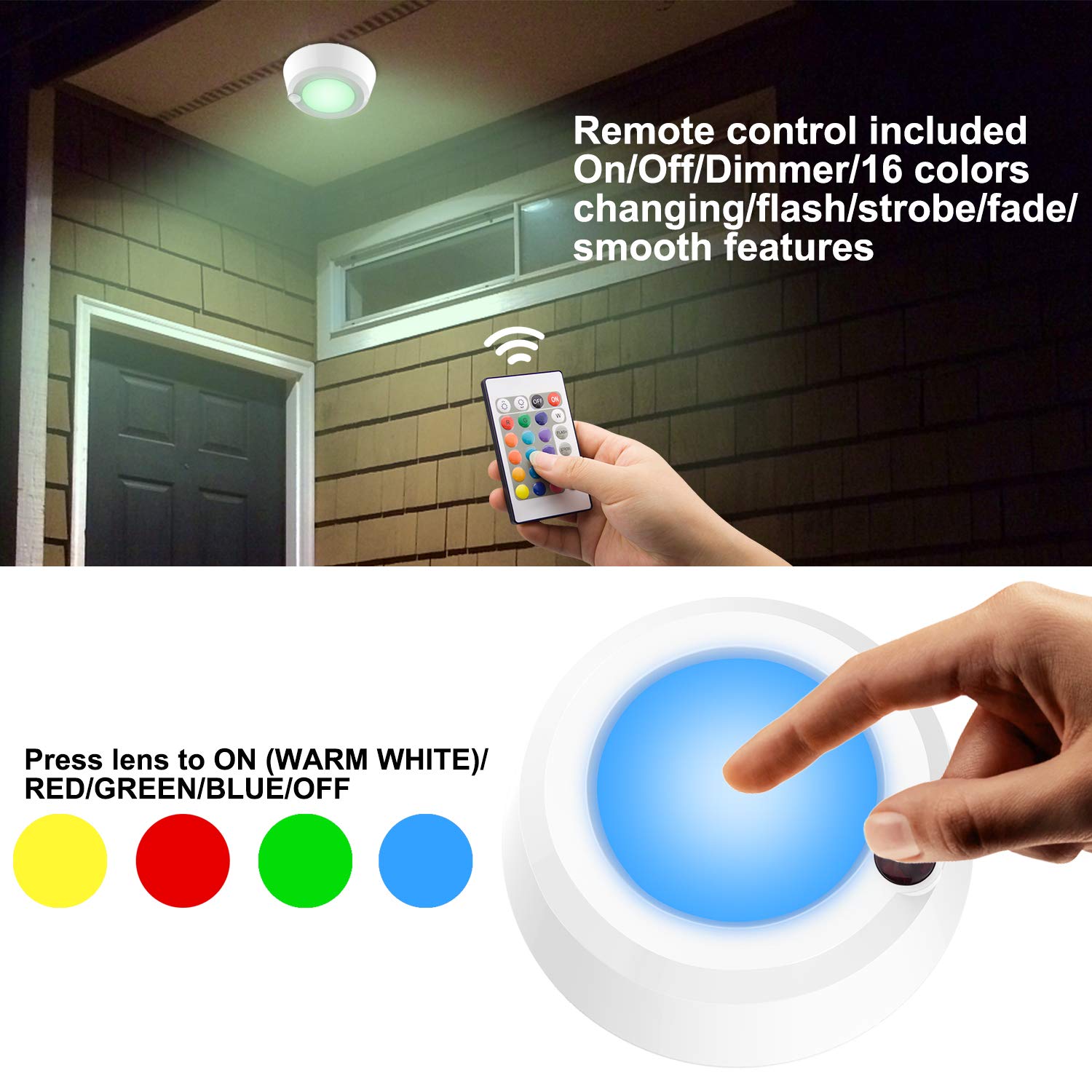 LUXSWAY Wireless Ceiling Lights, Dimmable 300 Lumens, 5.67 Inch, 2 Pack, Plastic, Model DY46IR-12C-2, Color Changing