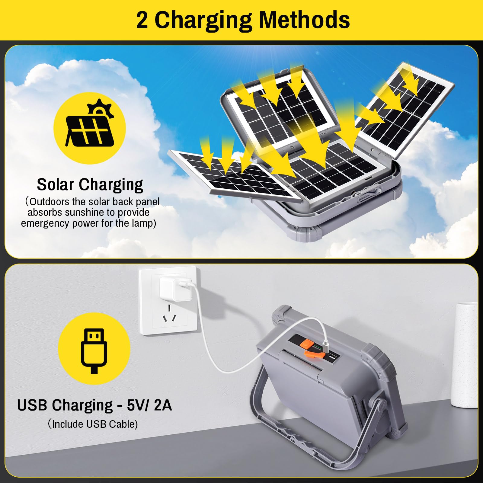 ERAY LED Work Light 150W with 4 Solar Panels, 12000mAH, 336 LED Beads, IP64, Stepless Dimming, Portable, Grey, Model SD-