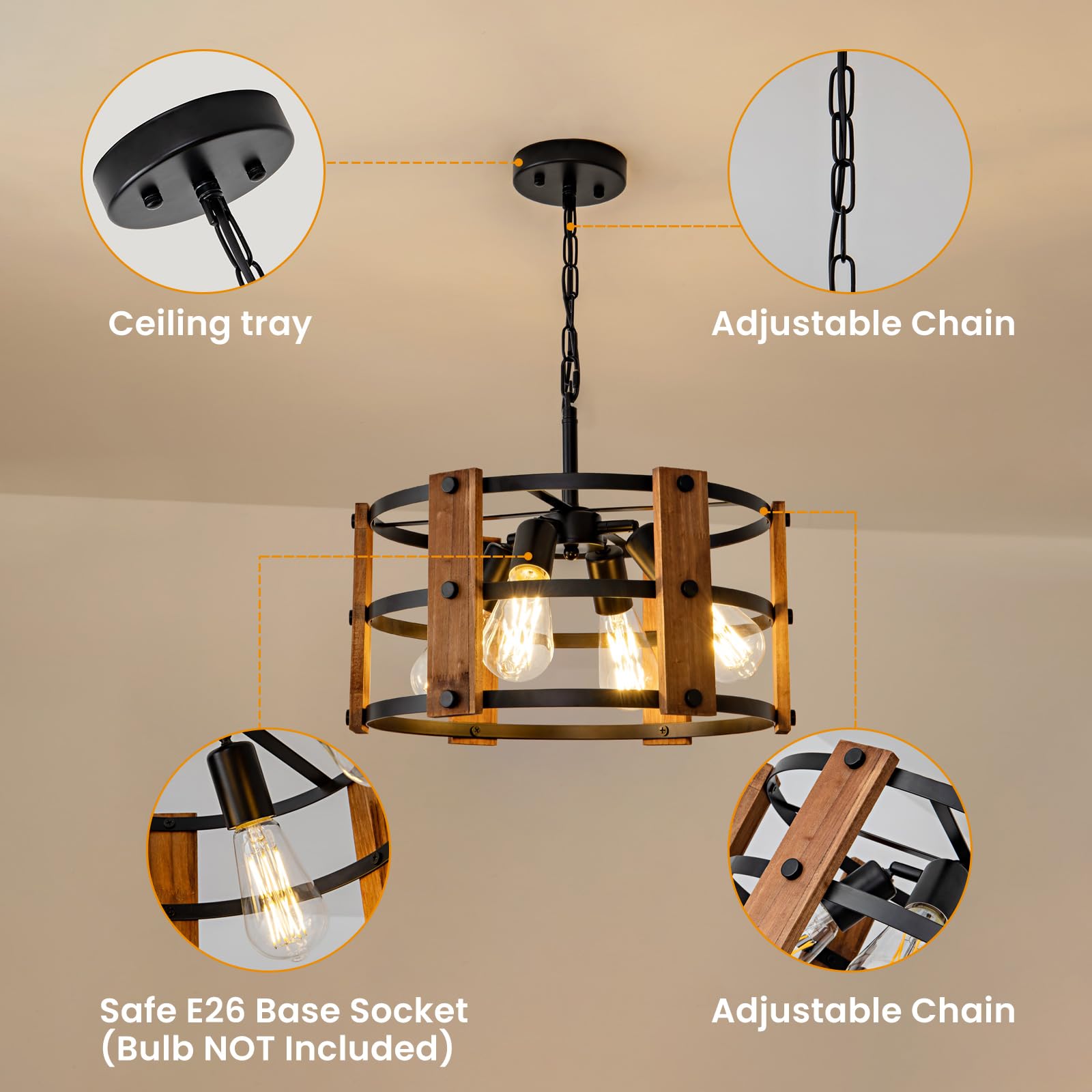 Daoseolo Rustic Farmhouse Chandelier - 4-Light Pendant Fixture, Adjustable Height, Brown Wood, 15.7Inch For Entryway, Kitchen, Living Room