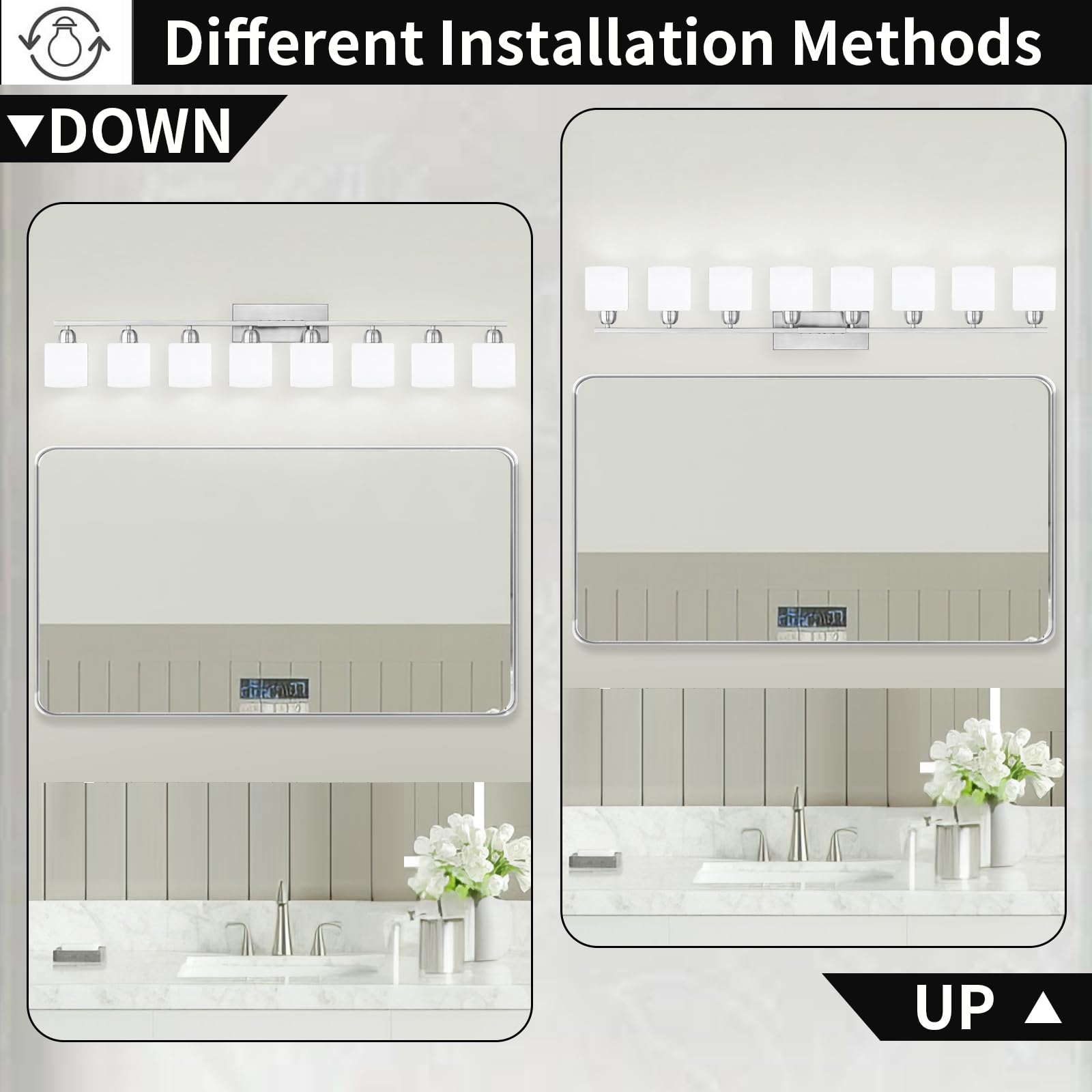 FAISHILAN 8-Light Brushed Nickel Bathroom Light Fixture with Frosted Glass Shades, 51" for Mirrors, Model FSL-212--NBN-8