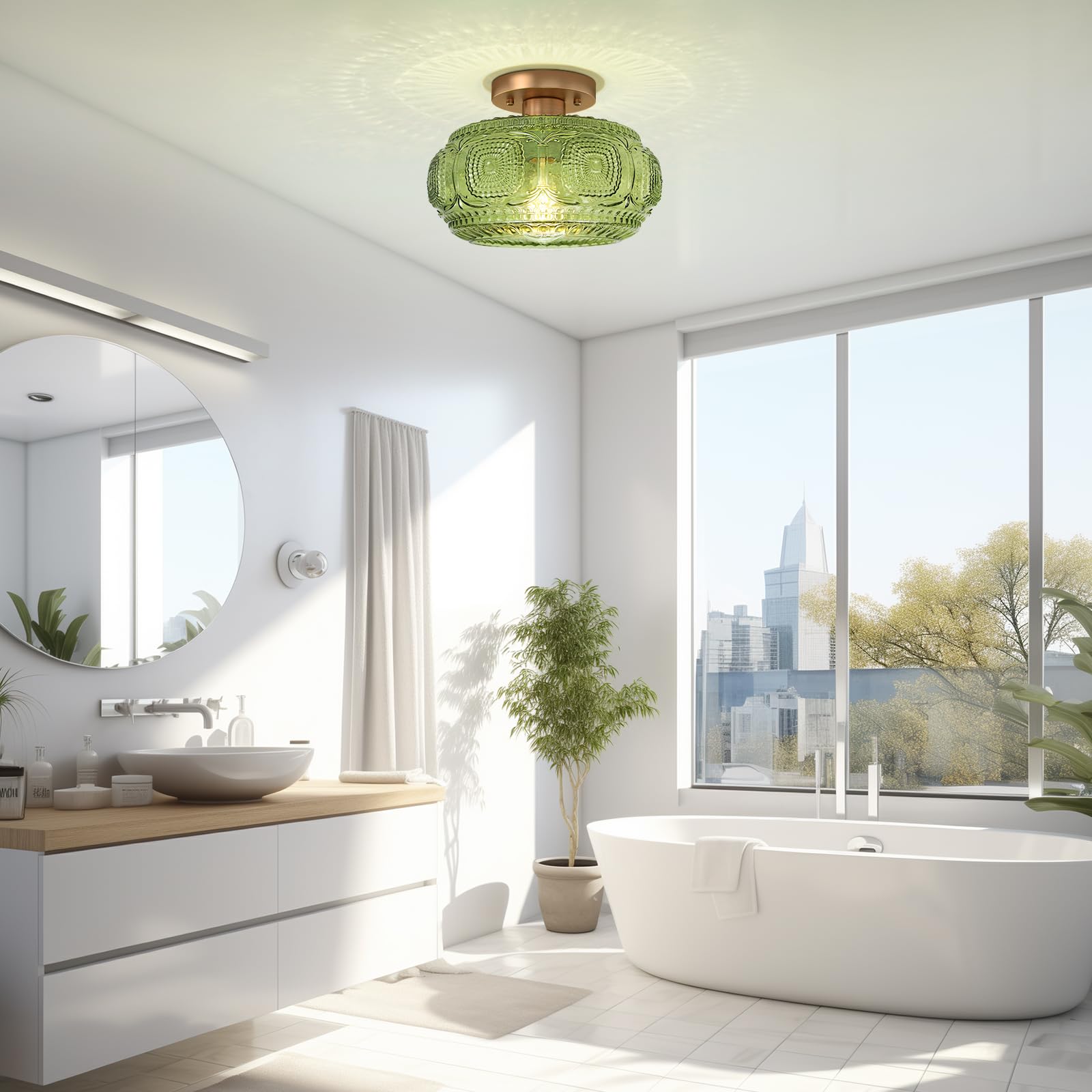 OYKYOHEI Semi Flush Mount Ceiling Light, Green Glass, 11.03 inch, Model 3022C, Vintage Design for Hallway, Kitchen, Bedroom, Dining Room