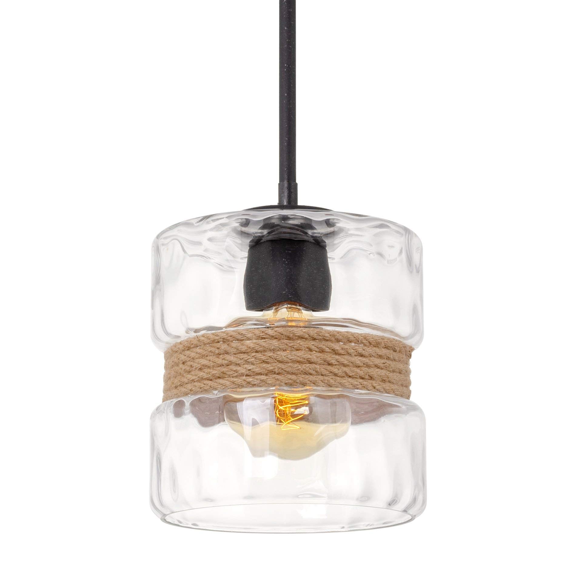 Kira Home Sage 10 Farmhouse Hammered Glass Pendant Light with Natural Rope Accent, Industrial Cylinder Glass Shade Hanging Light