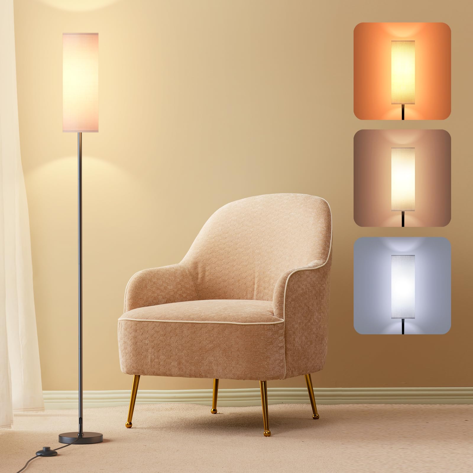 Lithomy Dimmable Floor Lamp - Modern 3 Color Temperatures, Industrial Design For Living Room, Beige