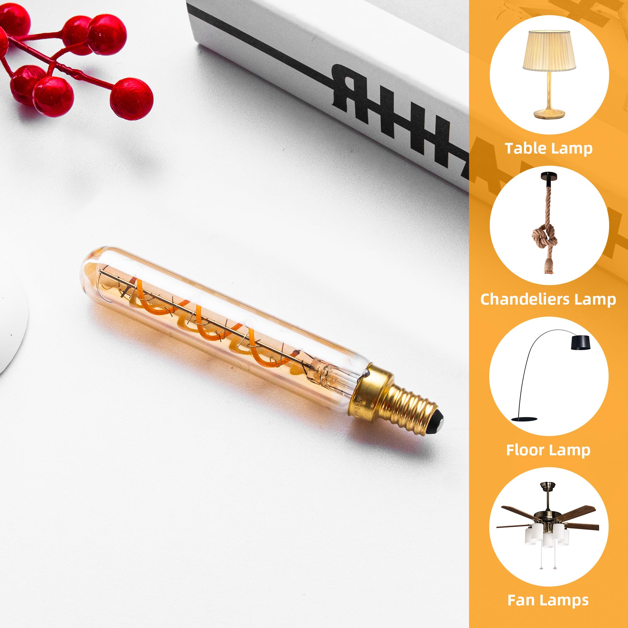 Grensk E12 Candelabra Tubular LED Bulbs, 3W Equivalent to 25W, 2200K Warm Light, Glass, 6 Pack, Vintage Amber Filament