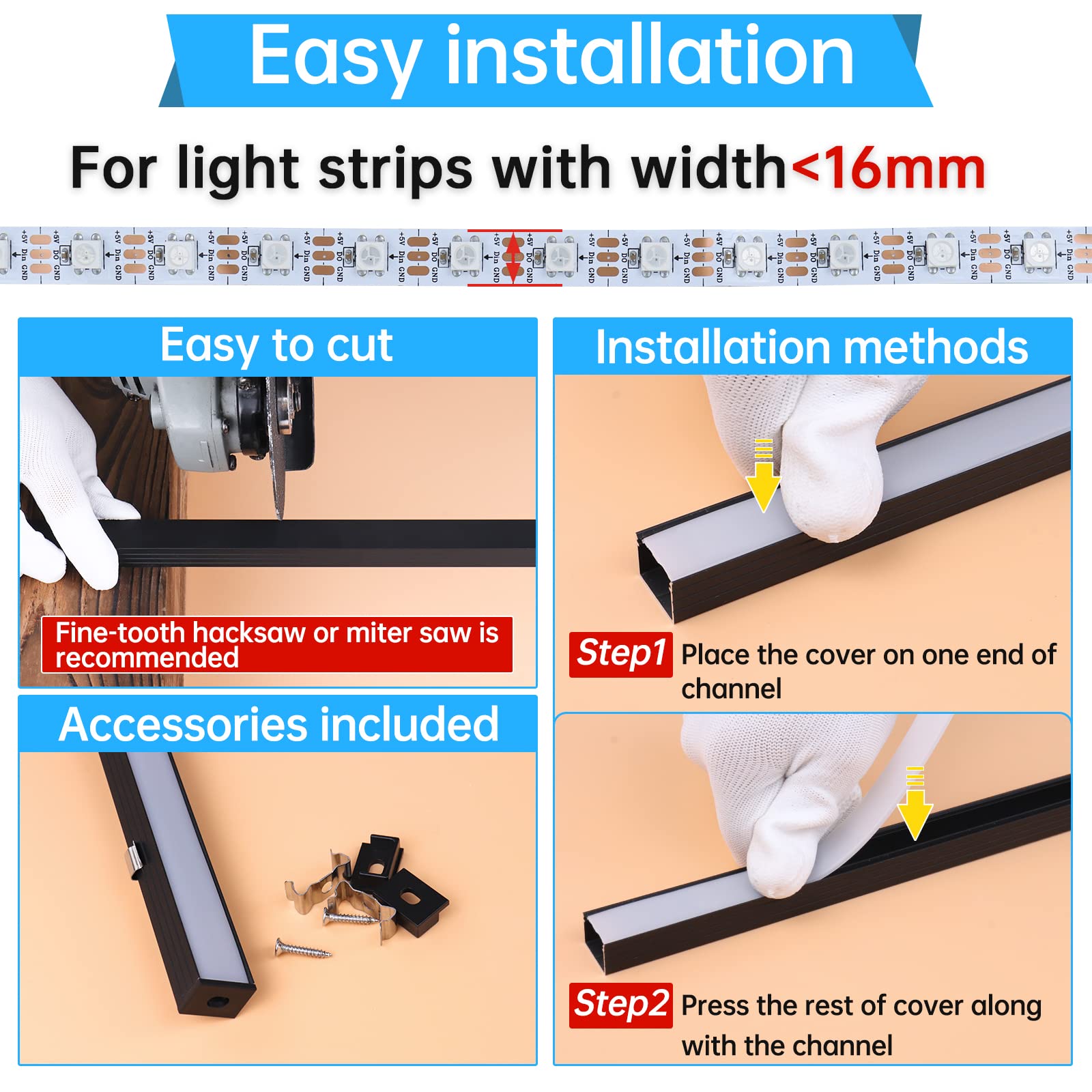 Muzata 10Pack 6.6Ft/2M Plus-Size Spotless Led Channel Black Led Strip Diffuser Channel With Milky Frosted White Diffuser Cover U