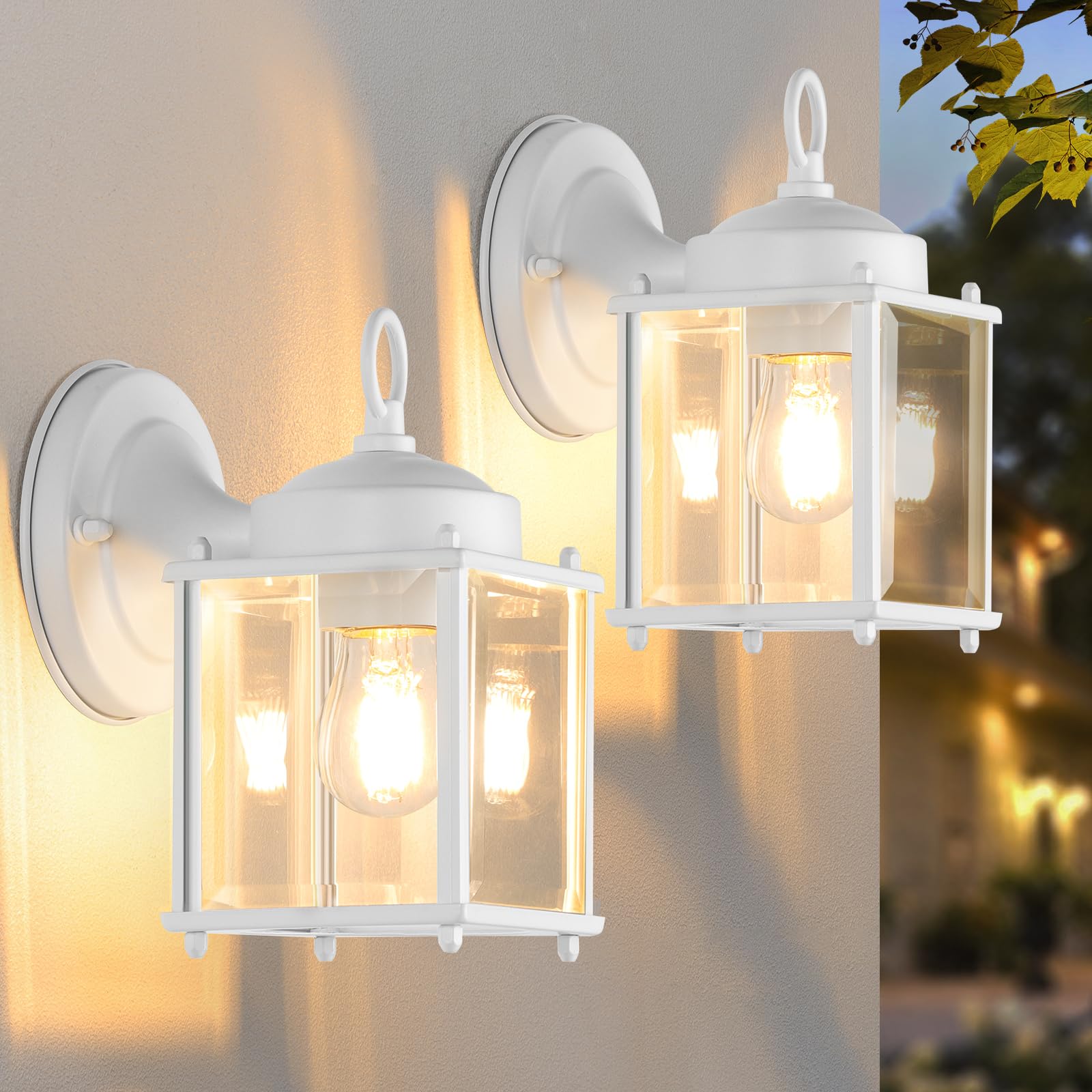 MATAMEYE Outdoor Wall Lantern, Exterior White Waterproof Wall Sconce Lighting Fixtures, Front Door Wall Lights with Clear Bevele