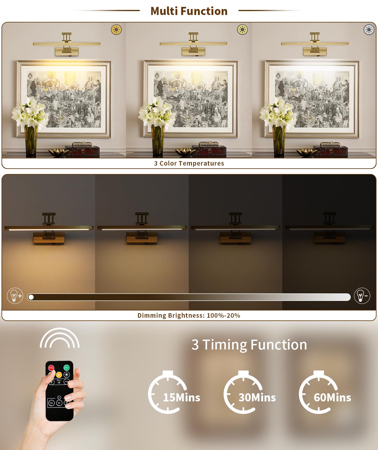 Joossnwell Battery Operated Picture Light, Dimmable & Timer, 15.35 Inch, Brass, Model 9963-3W-BR-B2, Wireless Remote for Artwork
