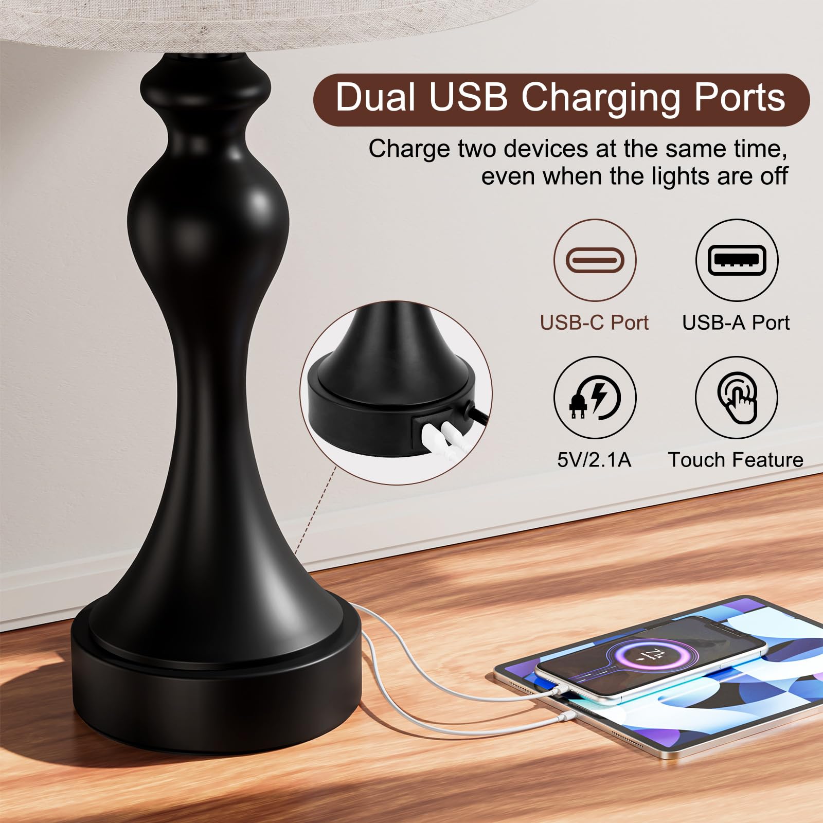 Seealle Touch Lamps Set of 2 - 3 Way Dimmable, USB C+A, Beige Shade & Black Base, Model 07026 for Nightstand & Bedroom