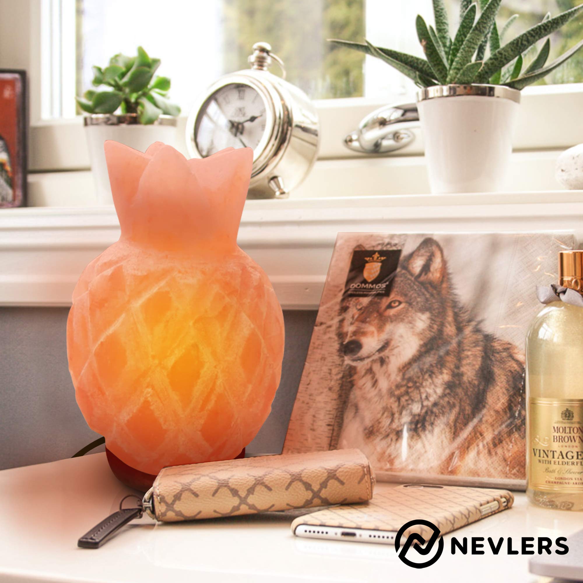 Nevlers Himalayan Pink Salt Lamp - Pineapple Shape, 7-8 lbs, 7"-8" Tall, Dimmer Cord & Light Bulb, Ambient Home Decor, Pink