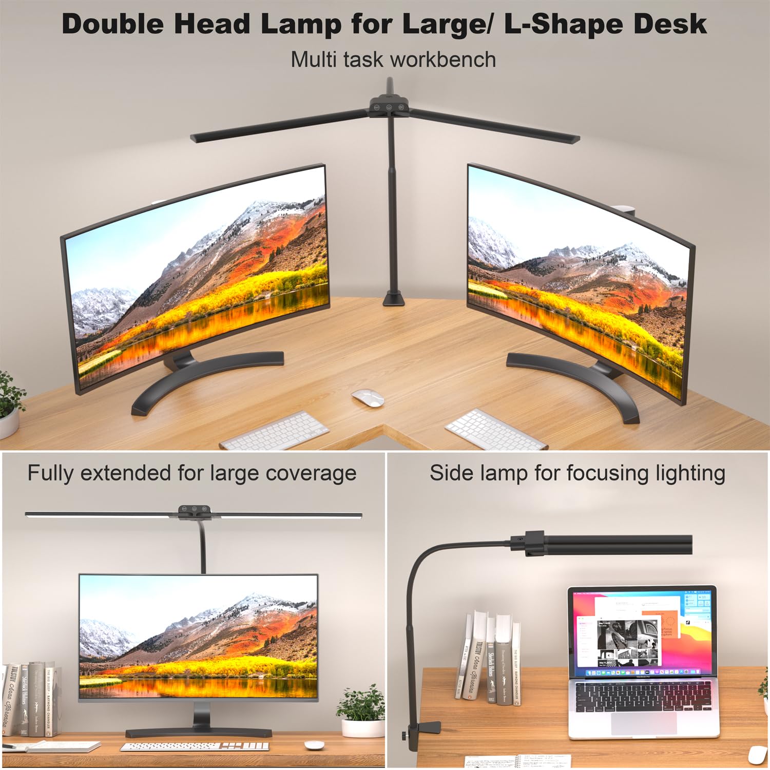 KableRika Double Head LED Desk Lamp, 4-Brightness & 4-Color, Aluminum, Black, Model KB-24V-670