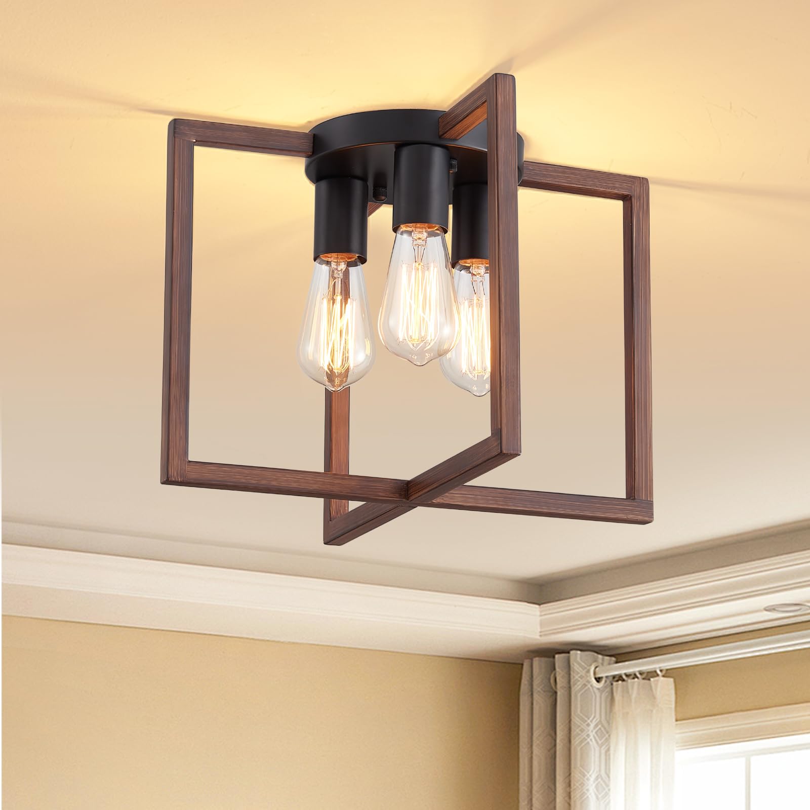 peskoe Black and Wood Grain Ceiling Light 3-Light Retro 14.6 Inch Light Fixture Geometric Metal Chandelier Modern Light Fixture 