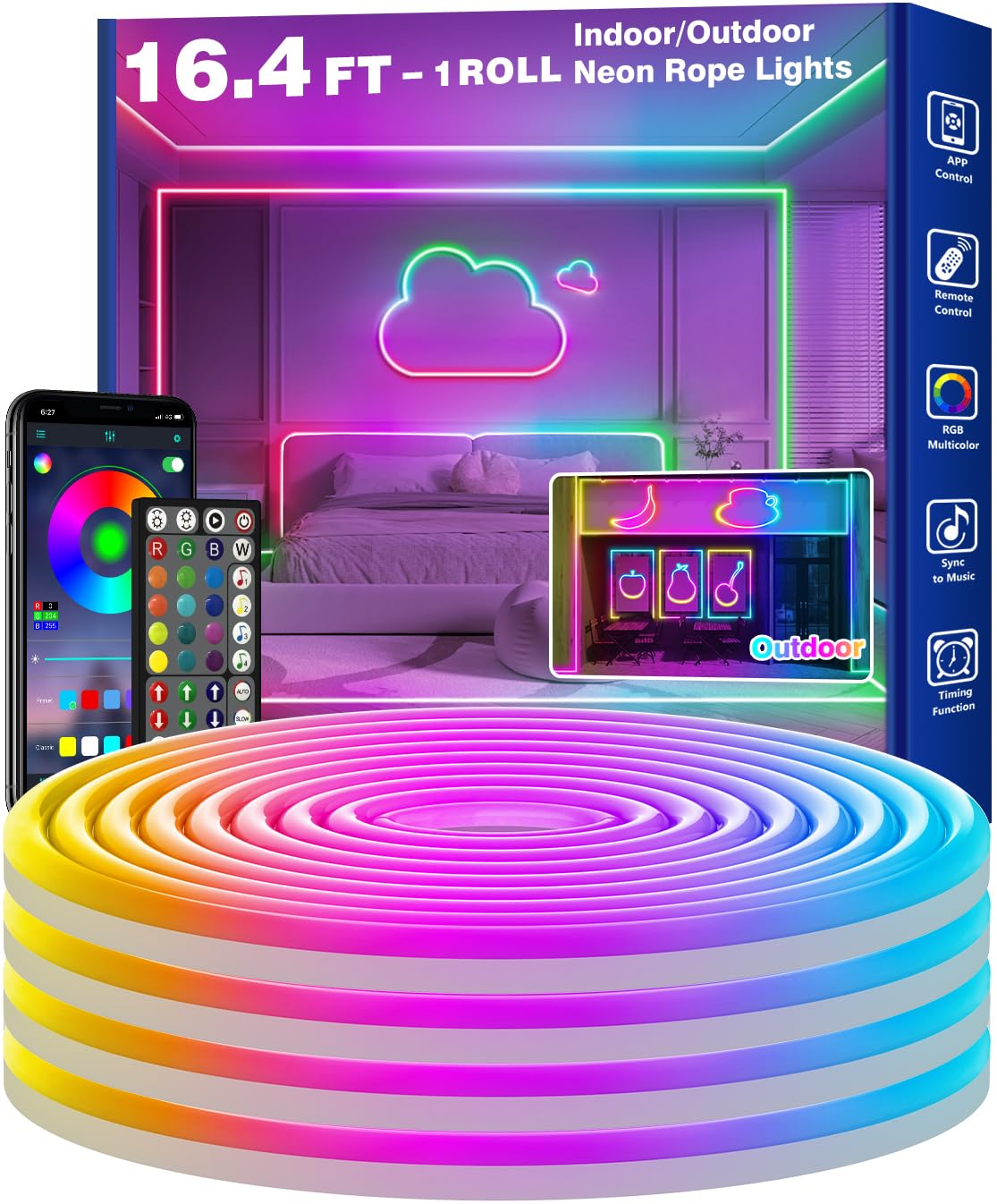16.4Ft Neon Rope Lights,Flexible Led Rope Lights Control with App/Remote,Multiple Modes Rope Lights,IP65 Outdoor RGB Led Neons L