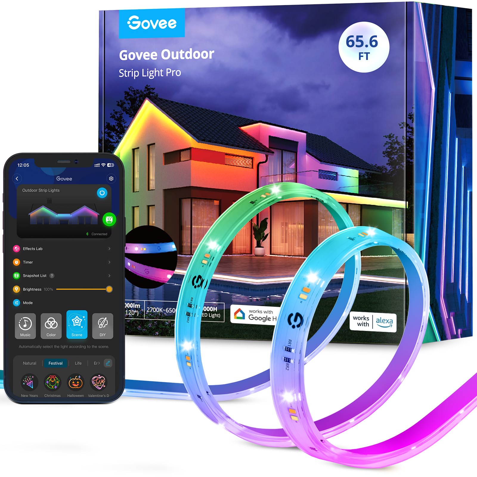 Govee Outdoor LED Strip Lights RGBIC, 65.6ft, Waterproof, Multicolor, Works with Alexa, App Control, Model H70A2