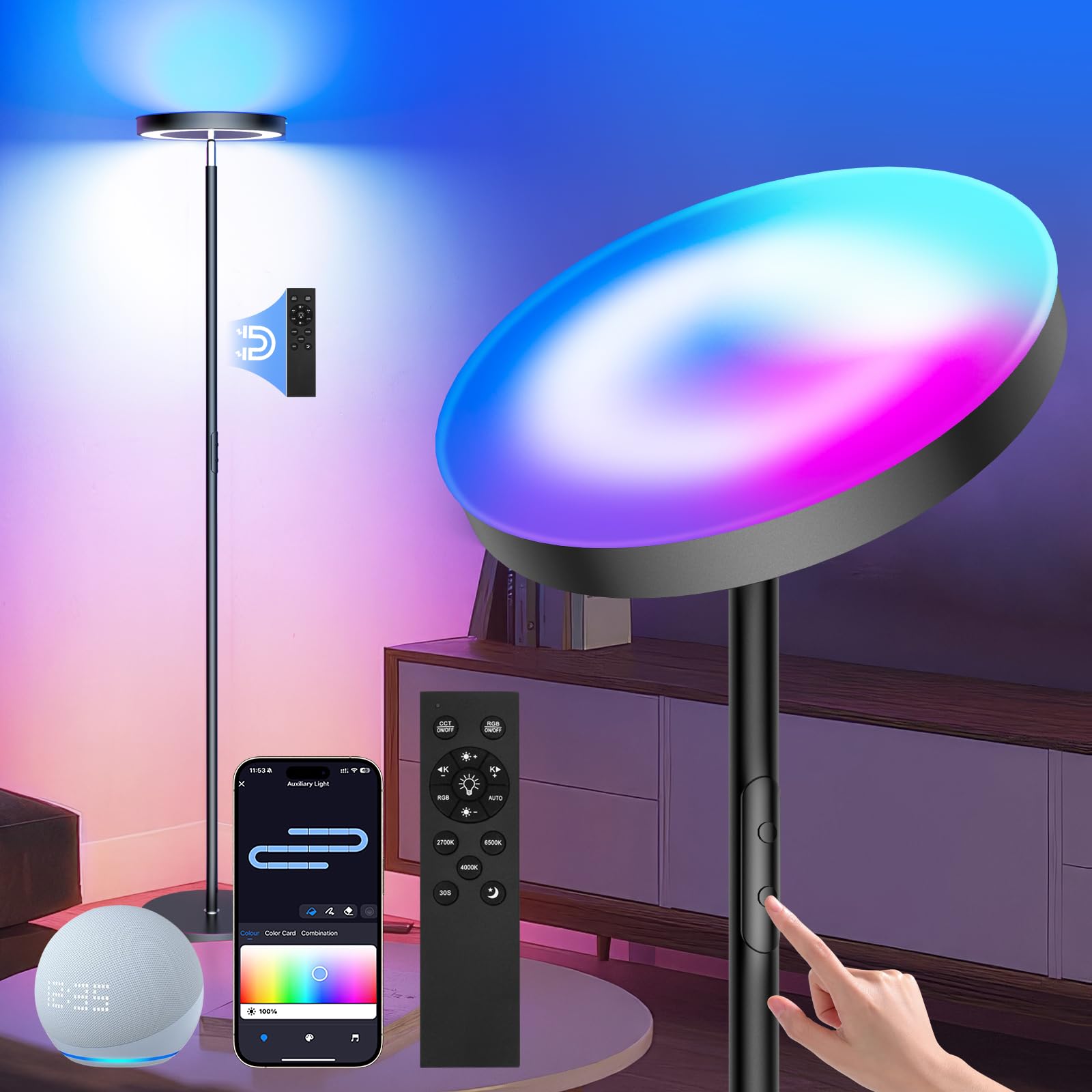 Smart RGB Floor Lamps for Living Room, 36W/3000LM Bright LED Standing Lamp with App & Remote Control, Modern Color Changing Tall