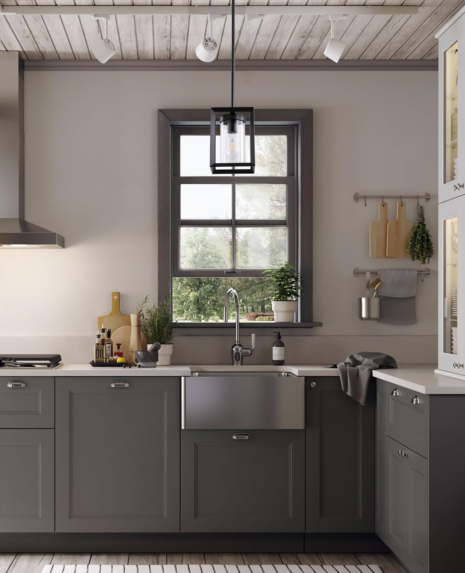 Sheenkarion 1 Pack Farmhouse Black Kitchen Island Pendant Light,Modern Hanging Pendant Light Fixtures With Metal Cage And Clear