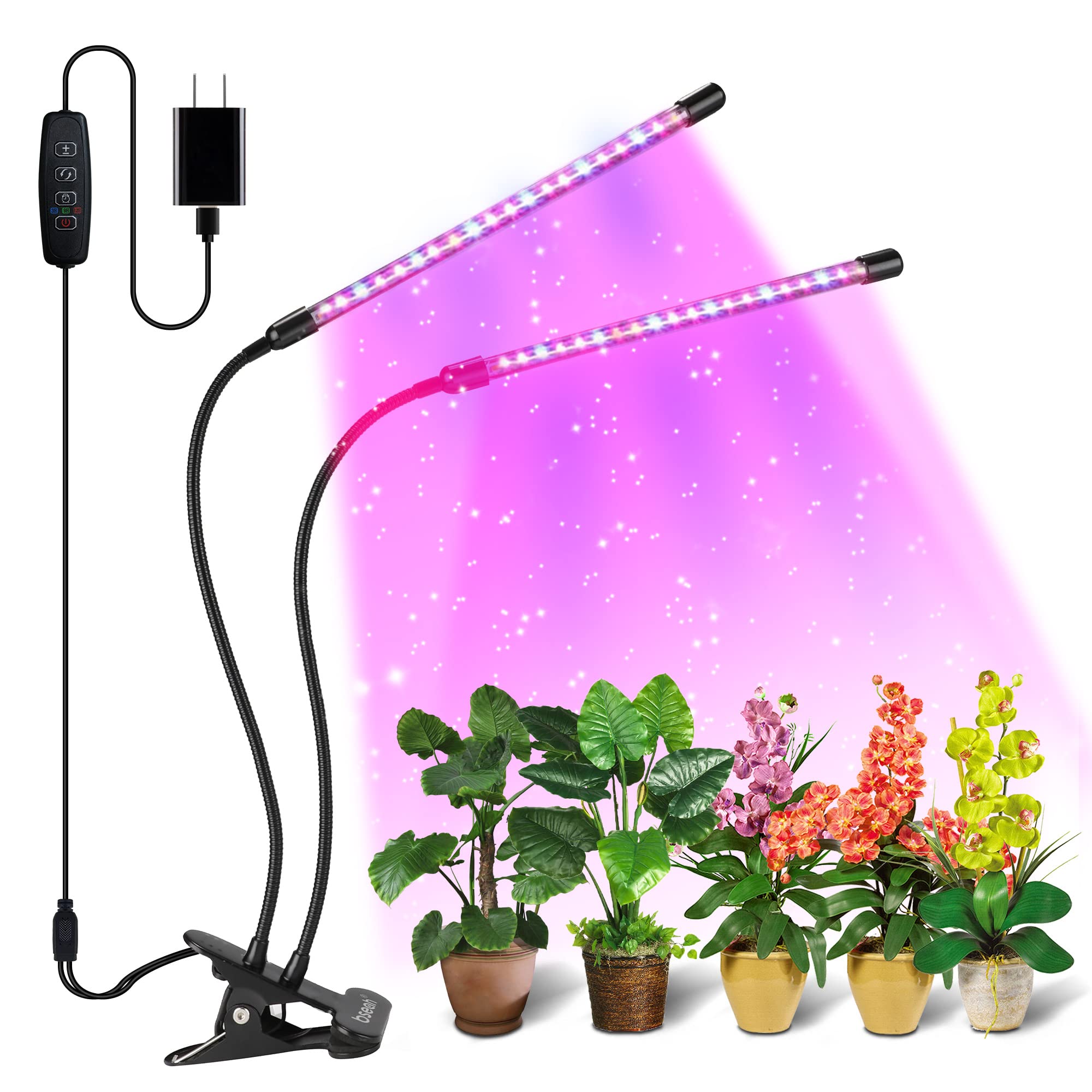 bseah Grow Light for Indoor Plants, Full Spectrum, Dimmable, 2 Head, Blue/Red, PVC Material, Auto ON/OFF