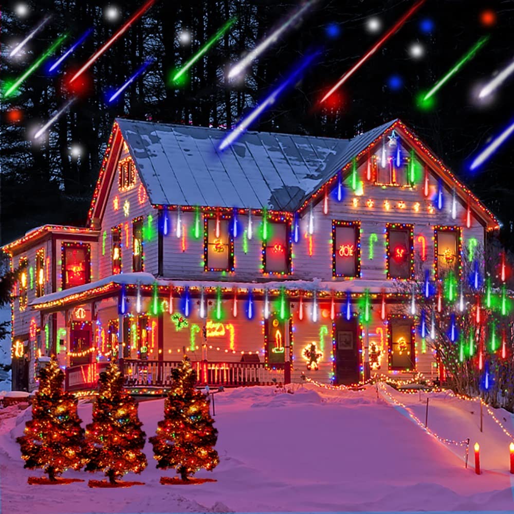 Lauzior Christmas Lights Outdoor, Meteor Shower Falling Rain Lights 12 Inch 8 Tube Snow Falling Icicle Cascading Light For Xmas