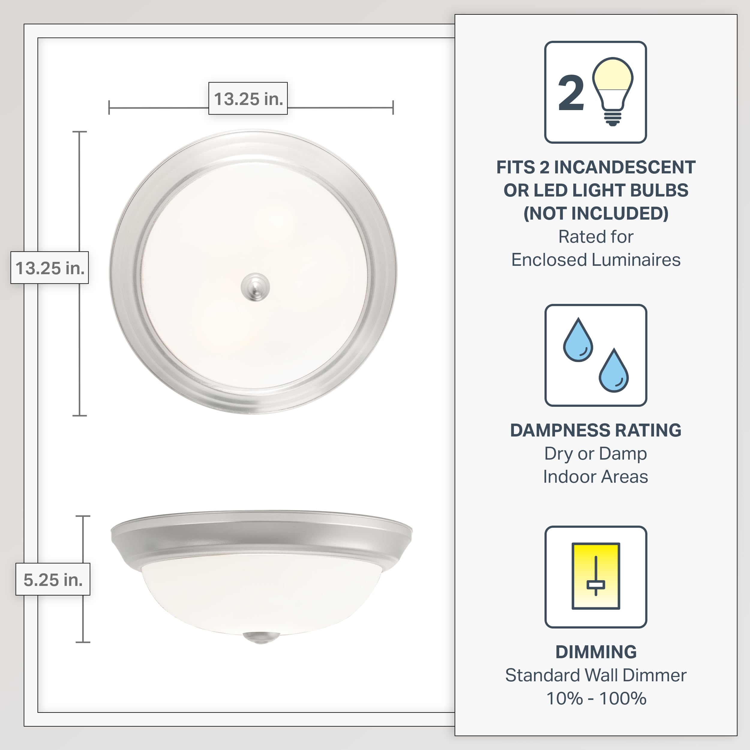 Designers Fountain 2-Light Flush Mount Ceiling Light, 13 Inch Lighting Fixture For Kitchen, Bedroom, Bathroom, And Hallway, Matte Black With Etched Glass, 1257M-Mb-W