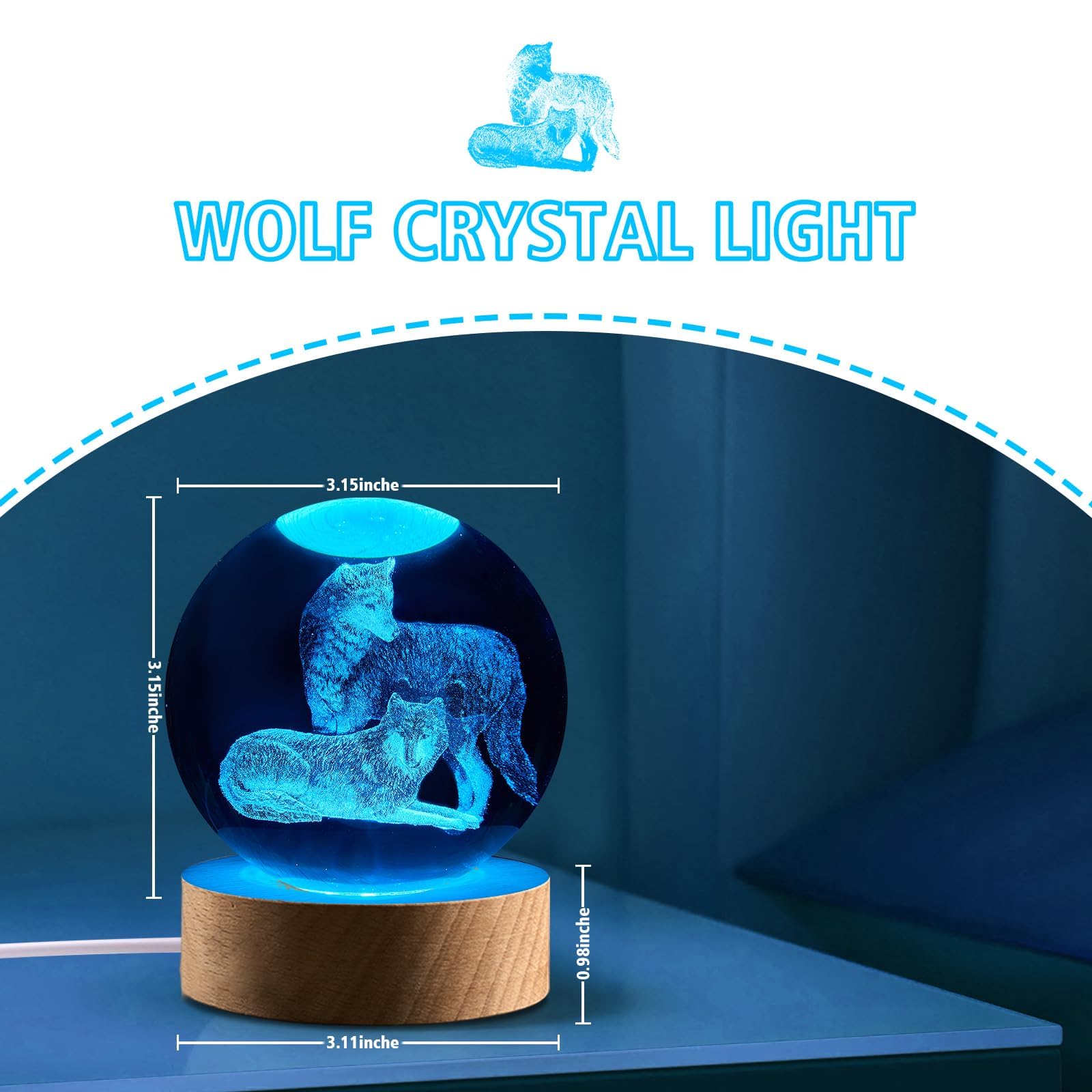 Shellvcase Wolf Gifts, 3.15In 3D Wolf Figurine Crystal Ball Lamp With Remote Control, Wolves Light, Wolf Decor For Bedroom, Wolf