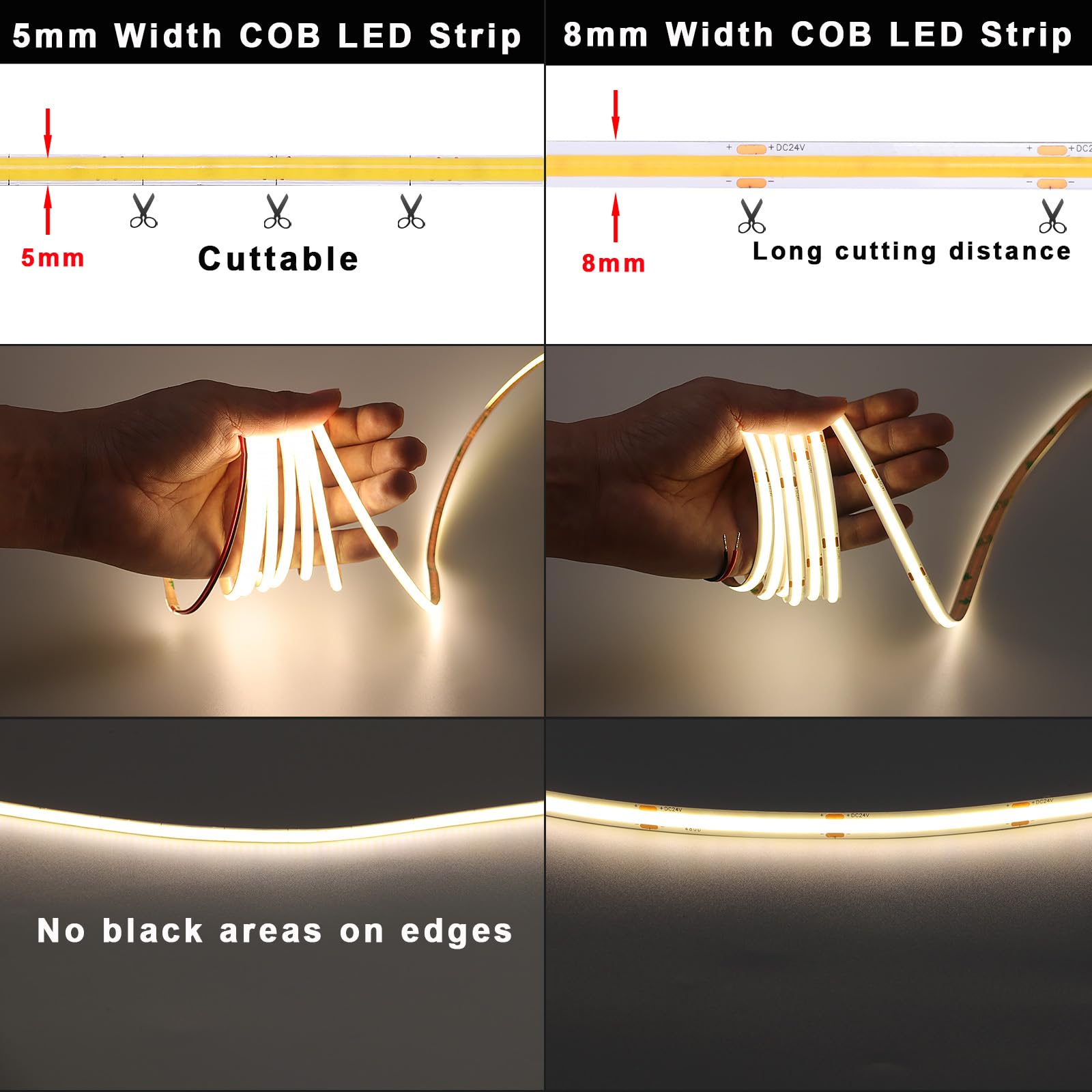 Topai 24V Cob Led Strip Narrow 5Mm Width Natural White 4000K Cri 90+ 4000Lm Dotless 16.4Ft 400Leds/M High Density Cuttable Flexible Led Tape Light For Cabinet Home Diy Lighting Projects