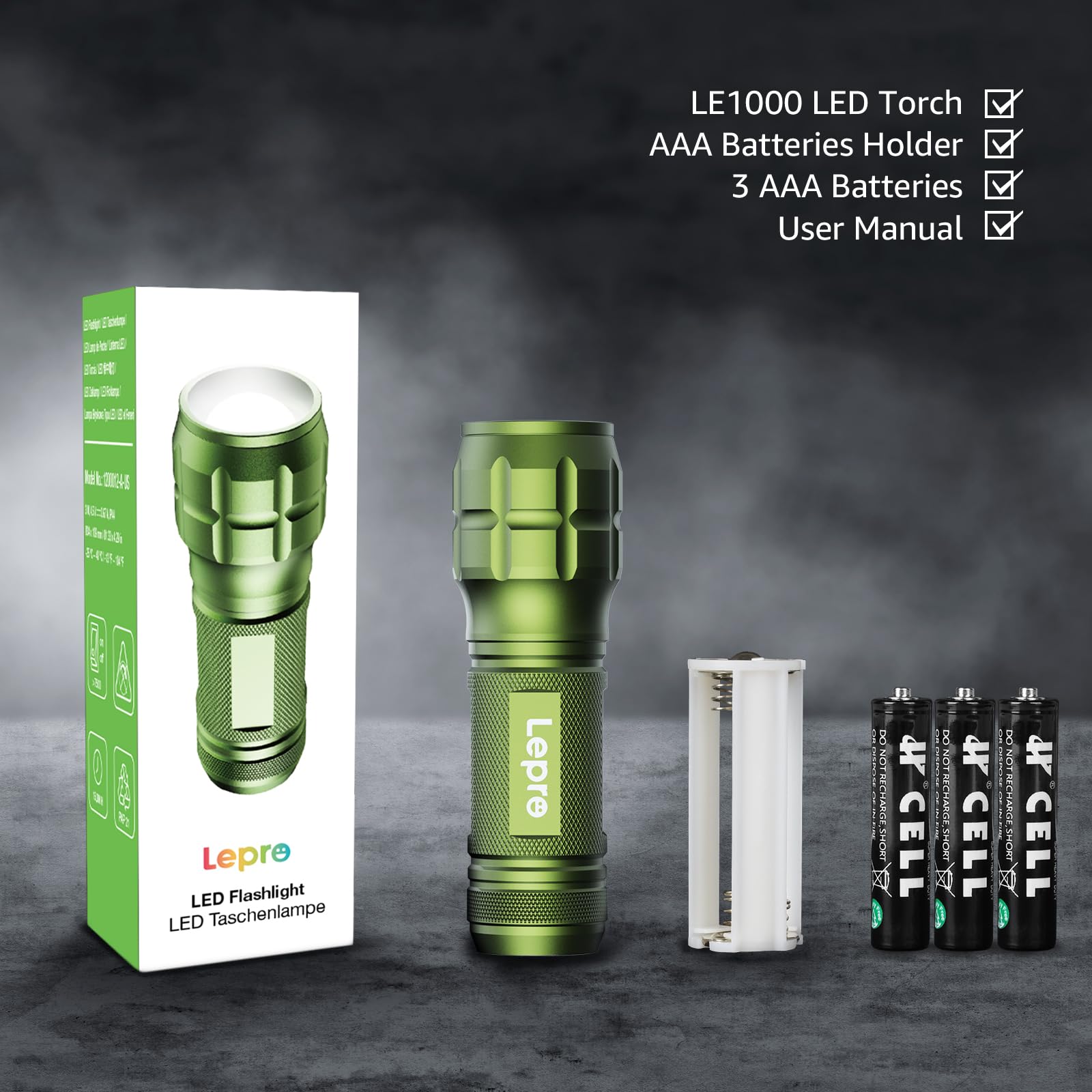 Lighting EVER LED Flashlights, High Lumens, Waterproof, Small, Green, Model 1200012, 2 Pack, AAA Batteries Included