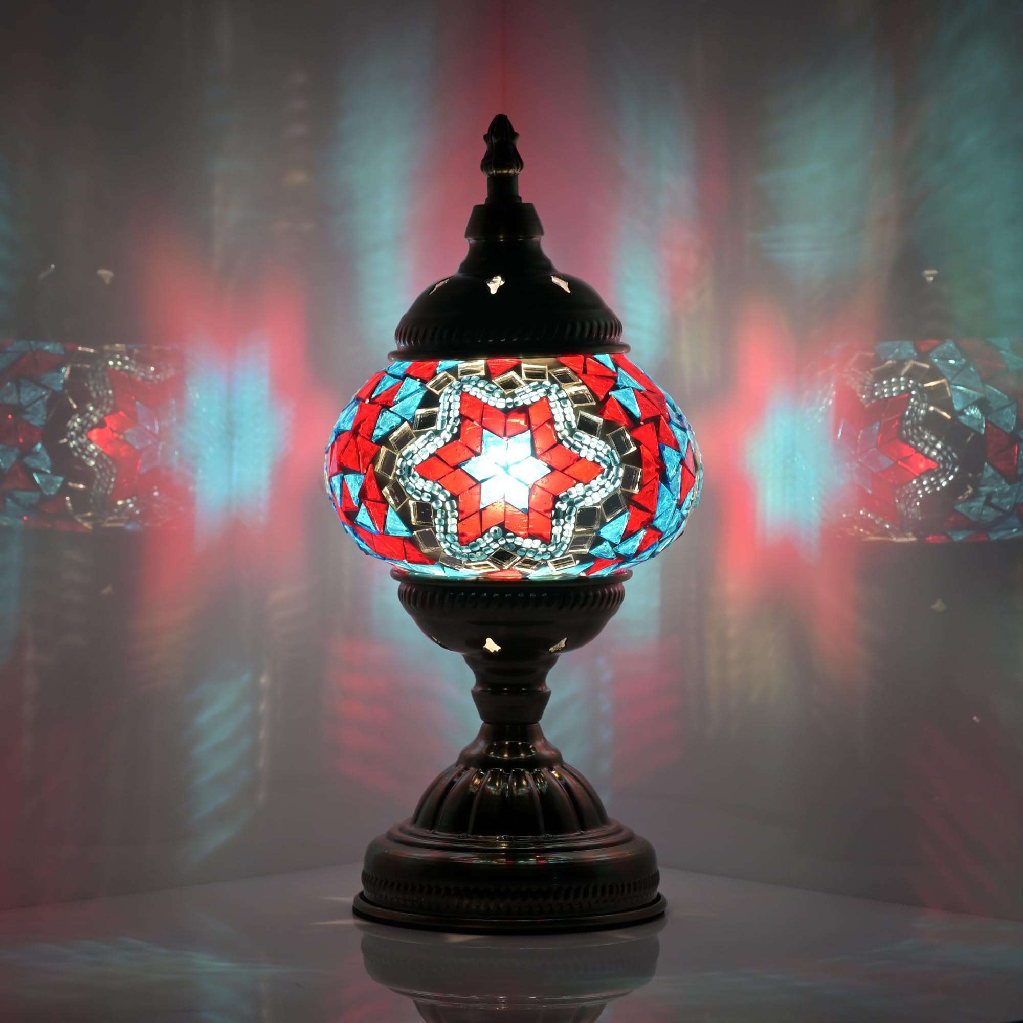 GOGERS Moroccan Table Lamp, Handmade Mosaic Glass, Tiffany Style, Blue Red, Model GS-HH-Y8, Decorative Desk & Bedside Light