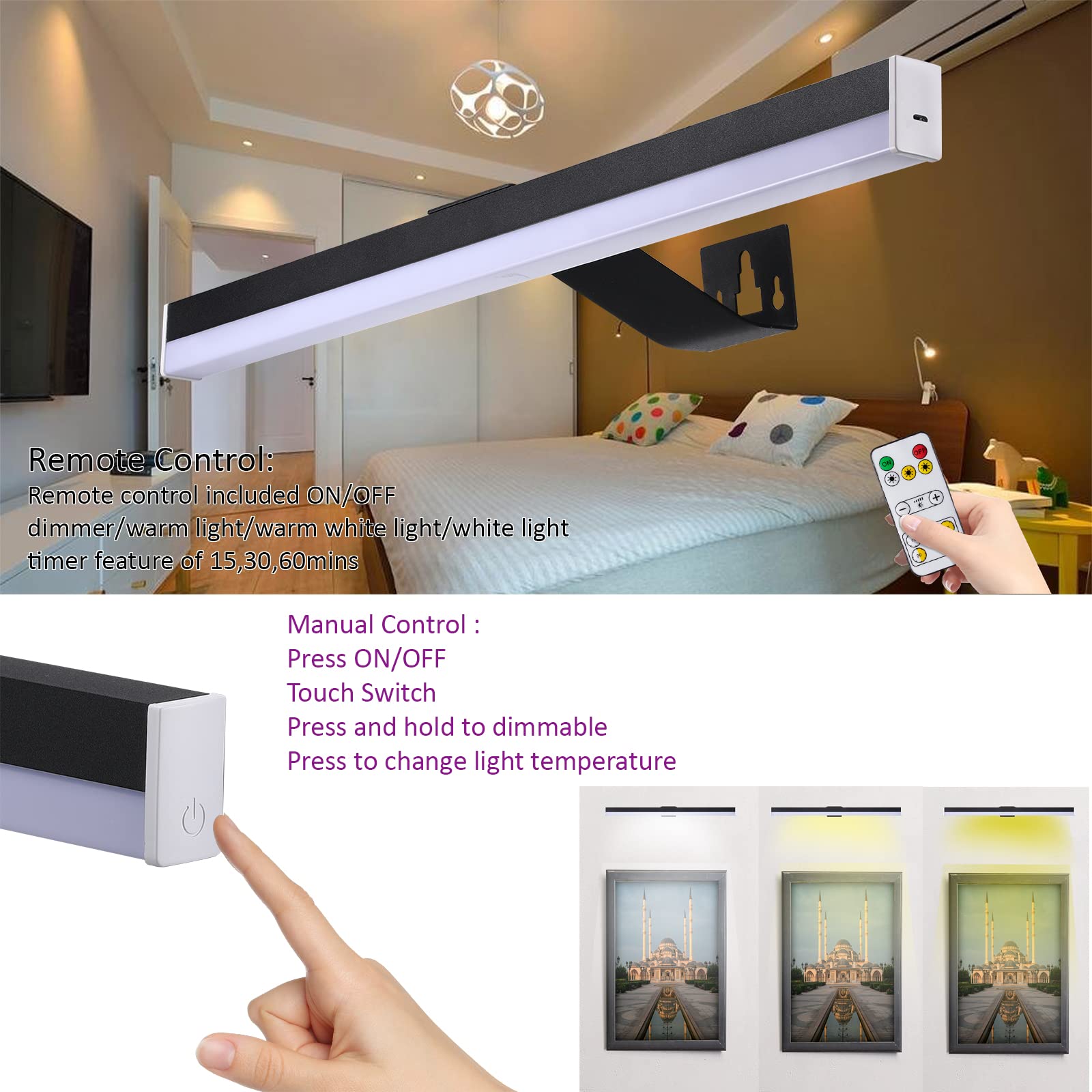 MIOBLUE Rechargeable Picture Light, 22 Inch, Metal, 60 LEDs, Dimmable, Black, Model HD-55B