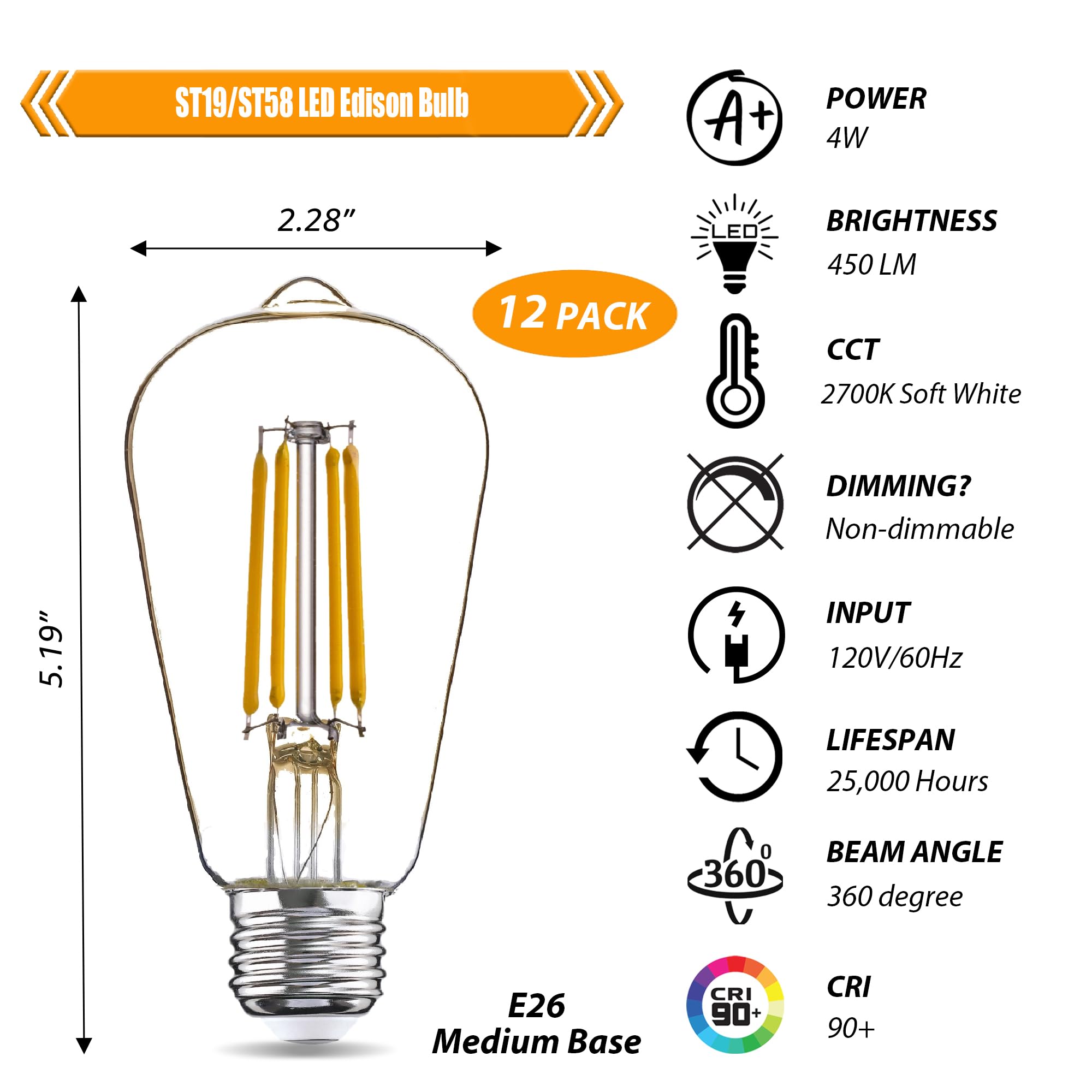 Winsaled Led Light Bulbs 40 Watt Equivalent, 2700K Soft Warm Light Bulbs, 4W Led St19 Edison Bulbs, 450Lm, E26 Medium Base, High