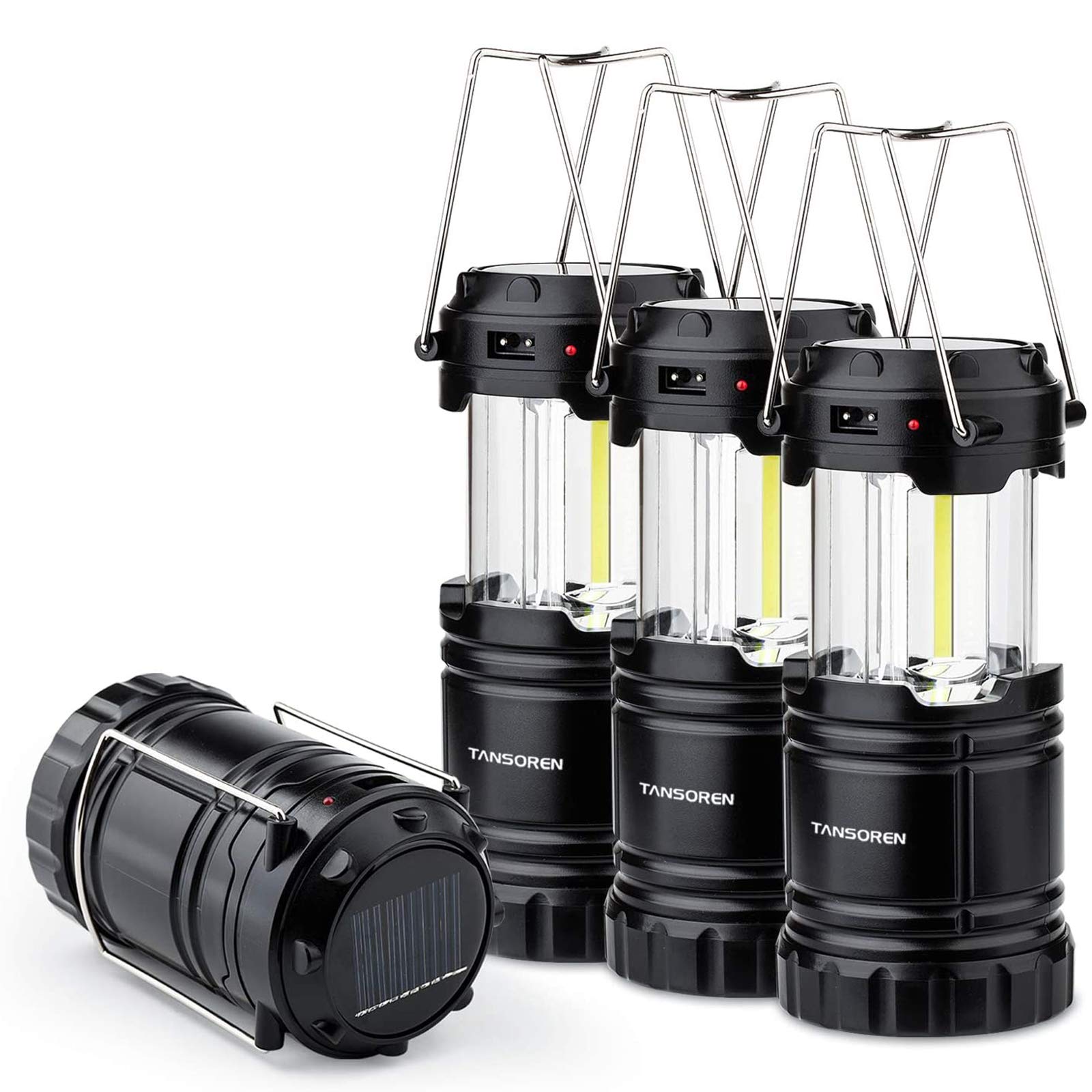 TANSOREN 4 Pack Solar USB Rechargeable COB LED Camping Lantern, Magnetic Base, Waterproof, Black, Model: model-d-64