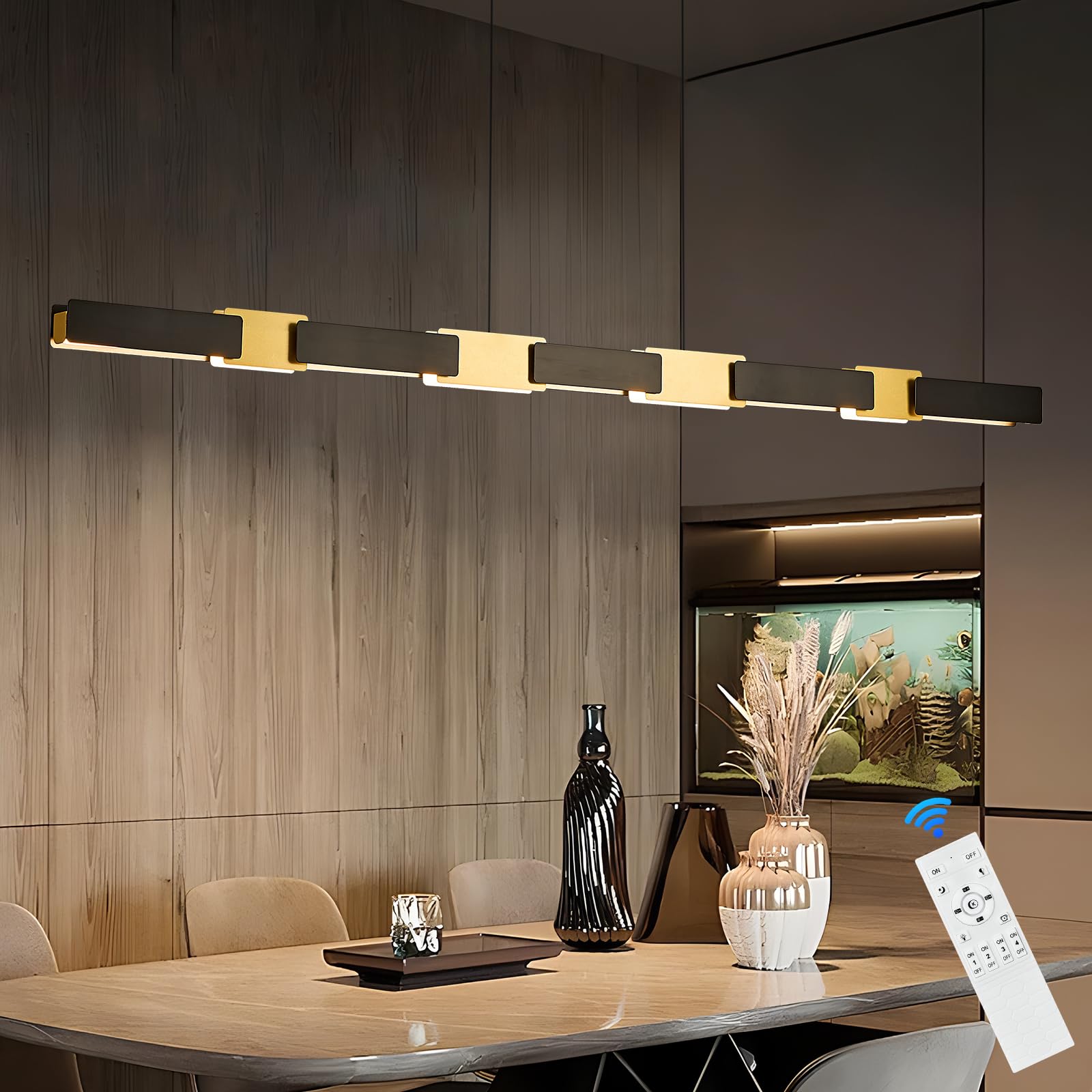 CaraLuxe Modern LED Linear Pendant Lights 52 inch LED Chandelier Lighting for Home Office Black and Gold Dining Room Hanging Light Fixture Modern Dimmable Kitchen Island Lighting