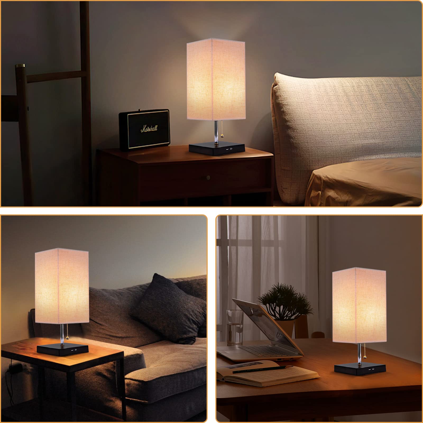 Siljoy Modern Table Lamp with Beige Fabric Lampshade, Pull Chain Switch, 2 USB Ports, Black Wooden Base, L-Square