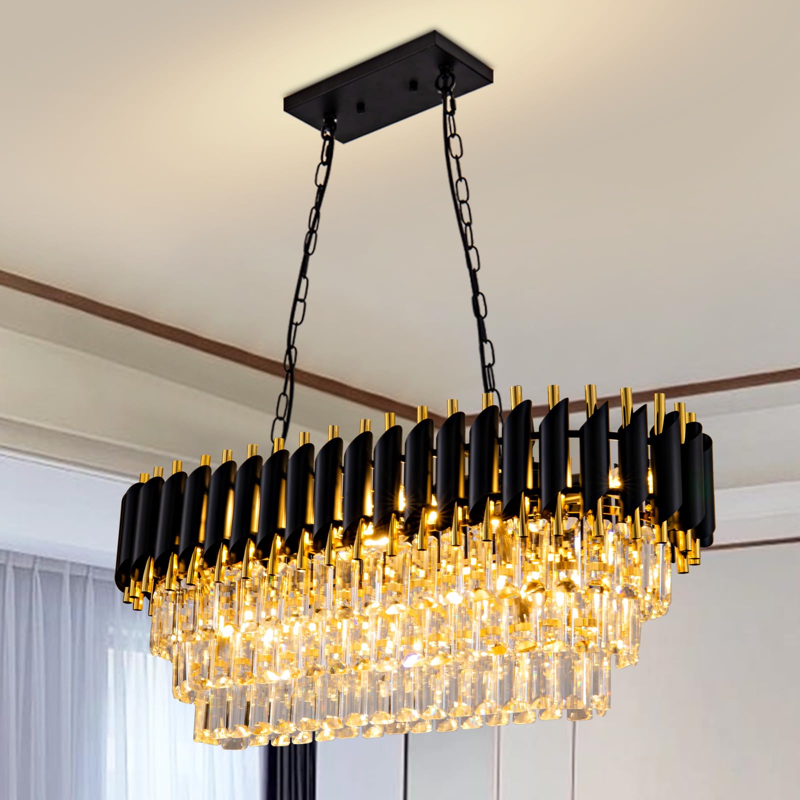 Aixialin 10-Light Crystal Chandelier Pendant Light Fixture, Black Oval, Model 600-100-1002, for Dining Room and Living Room