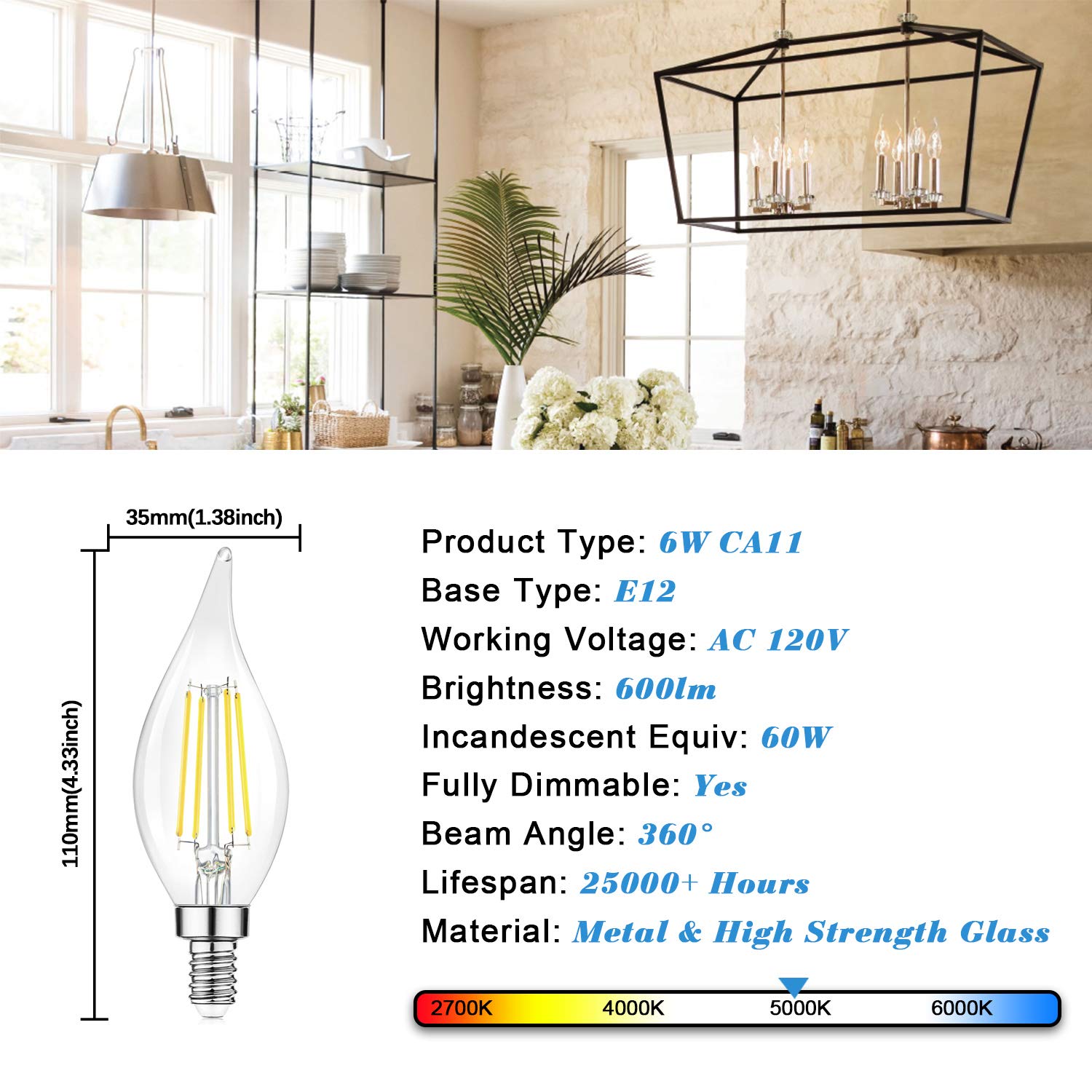 Tobusa Dimmable E12 Led Bulbs 60W Equivalent, 5000K Daylight, 6W Clear Fil
