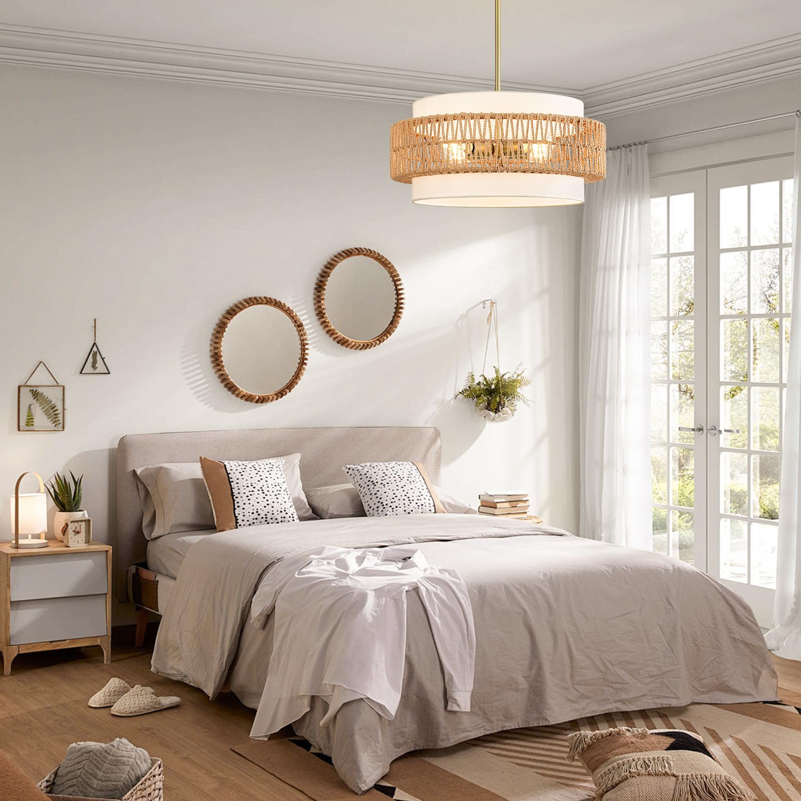 Outiron 19.7'' Boho Rattan Chandelier, 4-Light Large Rattan Pendant Light With Fabric Shade, Boho Drum Ceiling Hanging Light Fix