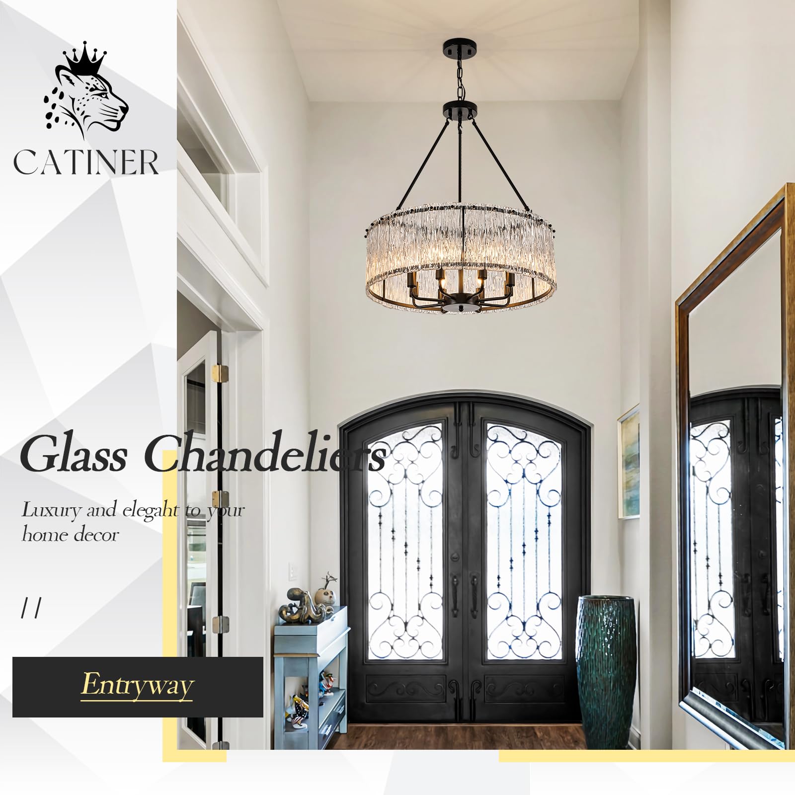 CATINER Modern Drum Chandelier 8-Light Pendant Lighting Fixture, 24.4” Black Glass for Dining Room, Foyer, Living Room, Bedroom