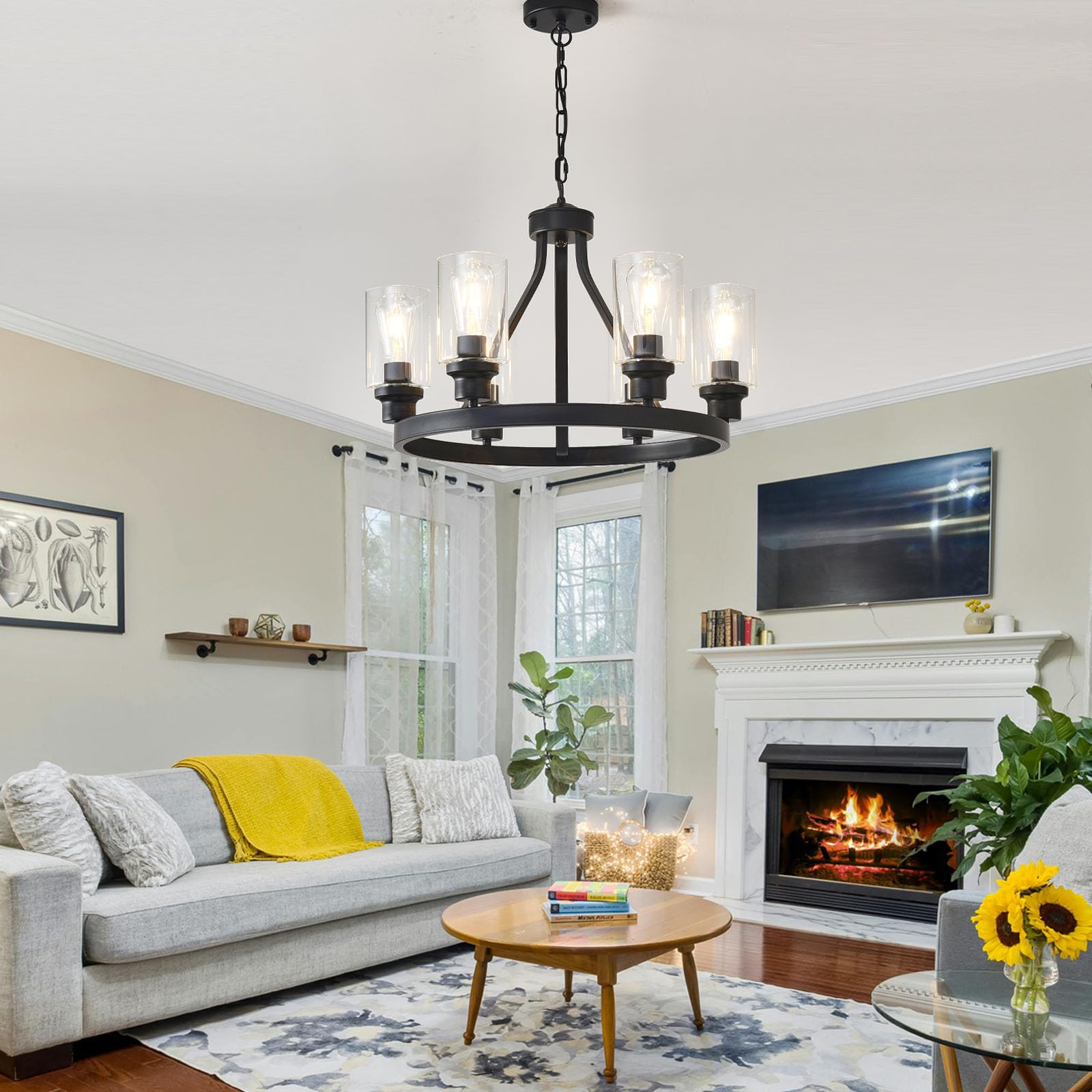 LOFTPLUS Farmhouse 6-Light Black Chandelier with Glass Shade for Dining Room, Living Room, Kitchen Island, Entryway