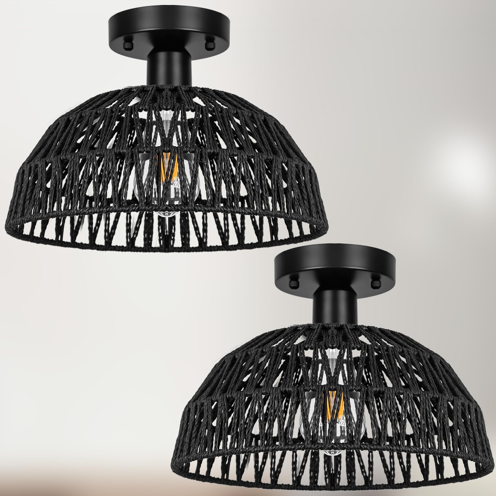 Rattan Ceiling Light Fixtures 2 Packs-Black Rustic Woven Basket Flush Mount Ceiling Light, Handmade Wicker Ceiling Lamp, Rattan 