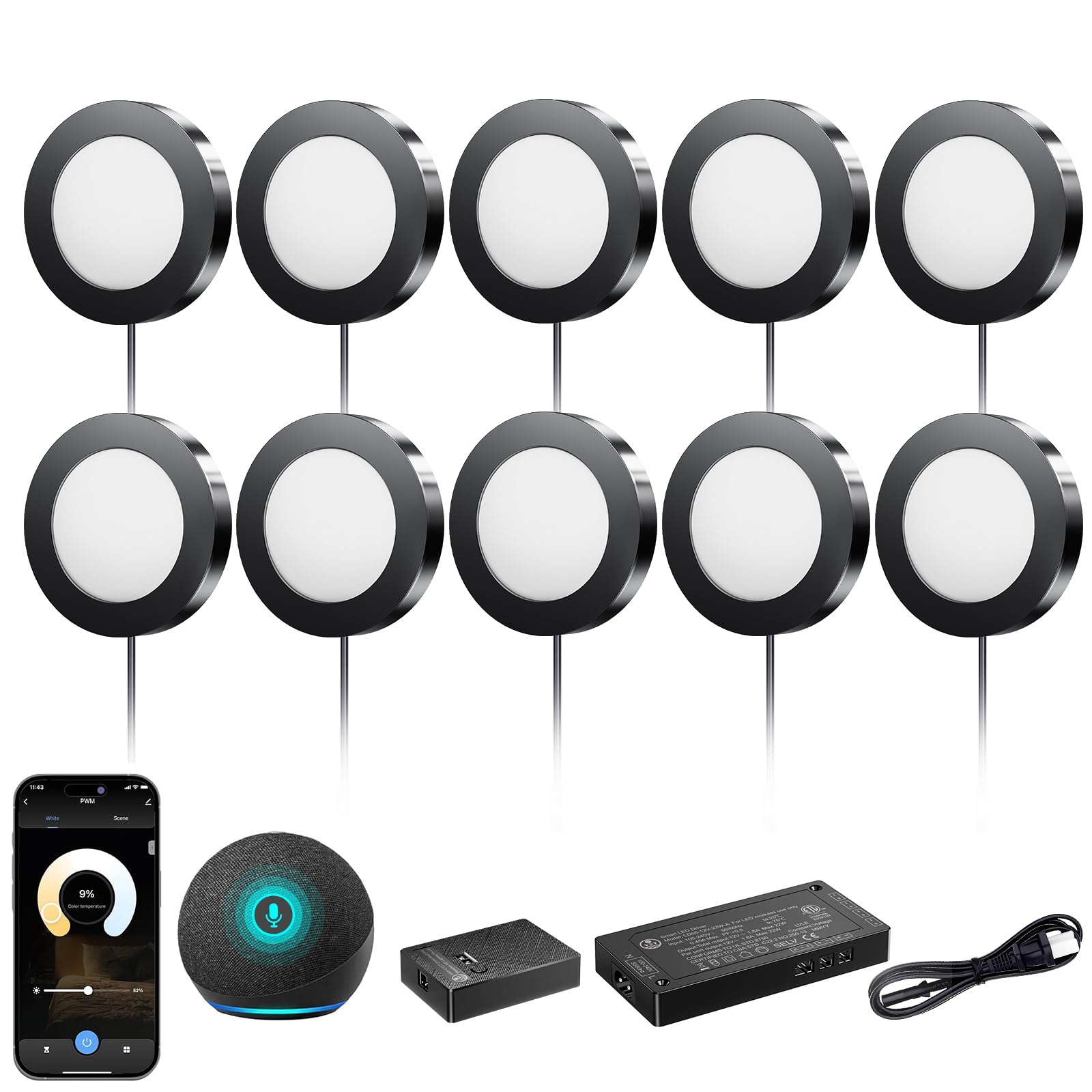 VST Smart Under Cabinet Lighting Work with Alexa Google Home Assistant App Remote Control, Recessed or Surface Mount 12V 2W/pc P