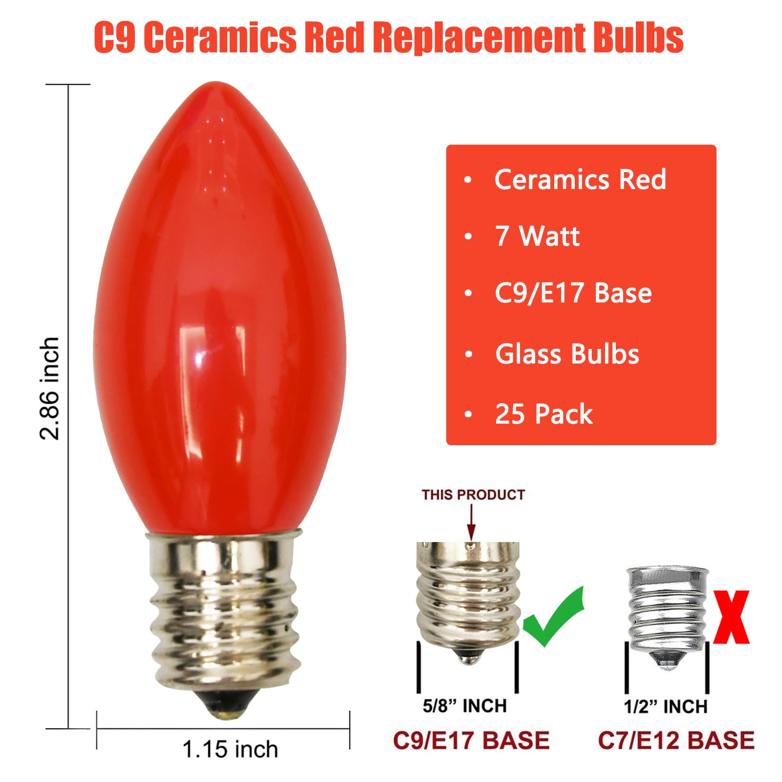 Sunsgne 25 Pack C9 Red Christmas Light Bulbs, Red Incandescent Christmas Light Bulbs, 7 Watt C9 Red Replacement Night Light Bulb