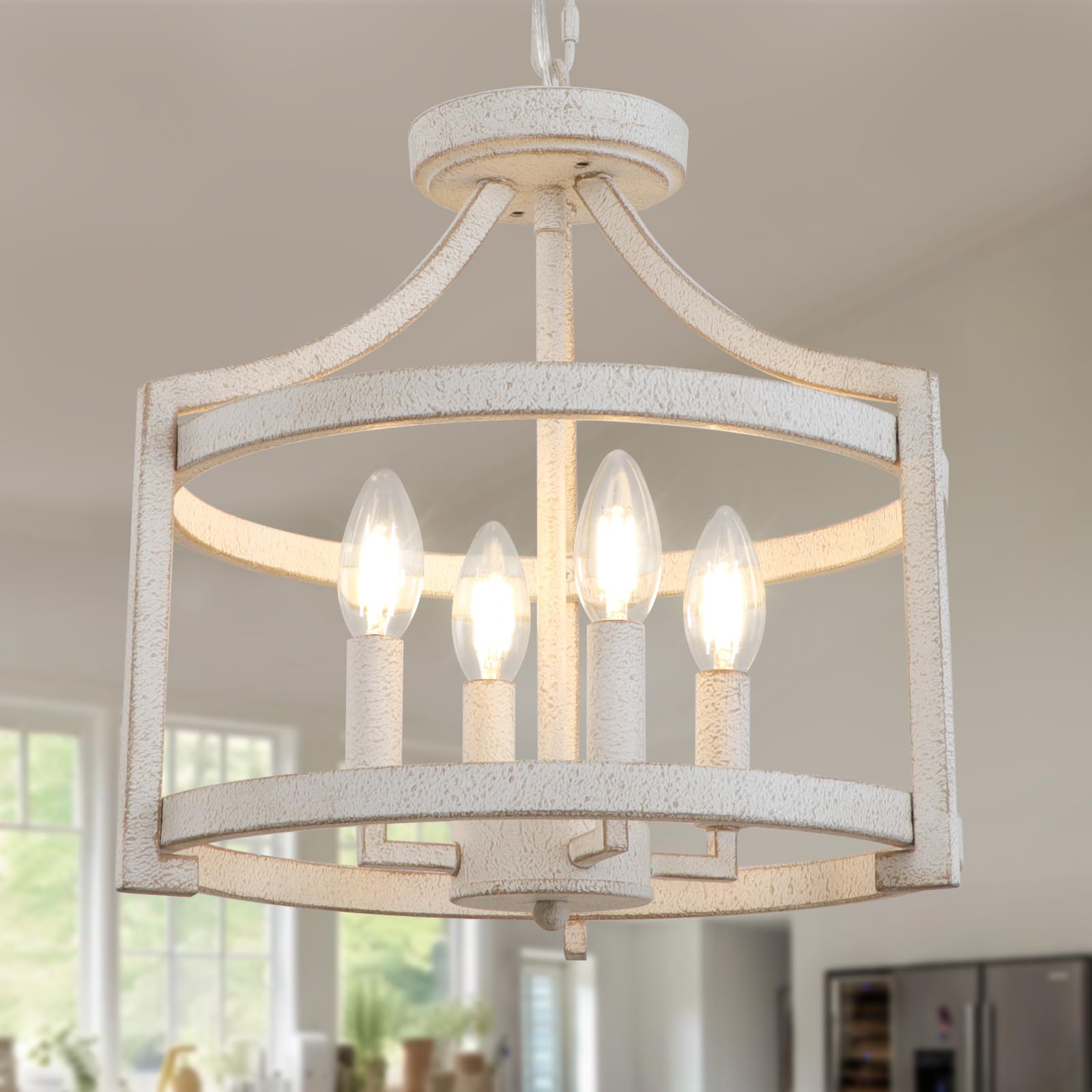 Kmaipem 4-Light Farmhouse Chandeliers For Dining Room, Vintage White Chandelier Convertible Semi Flush Mount Ceiling Light Fixtu
