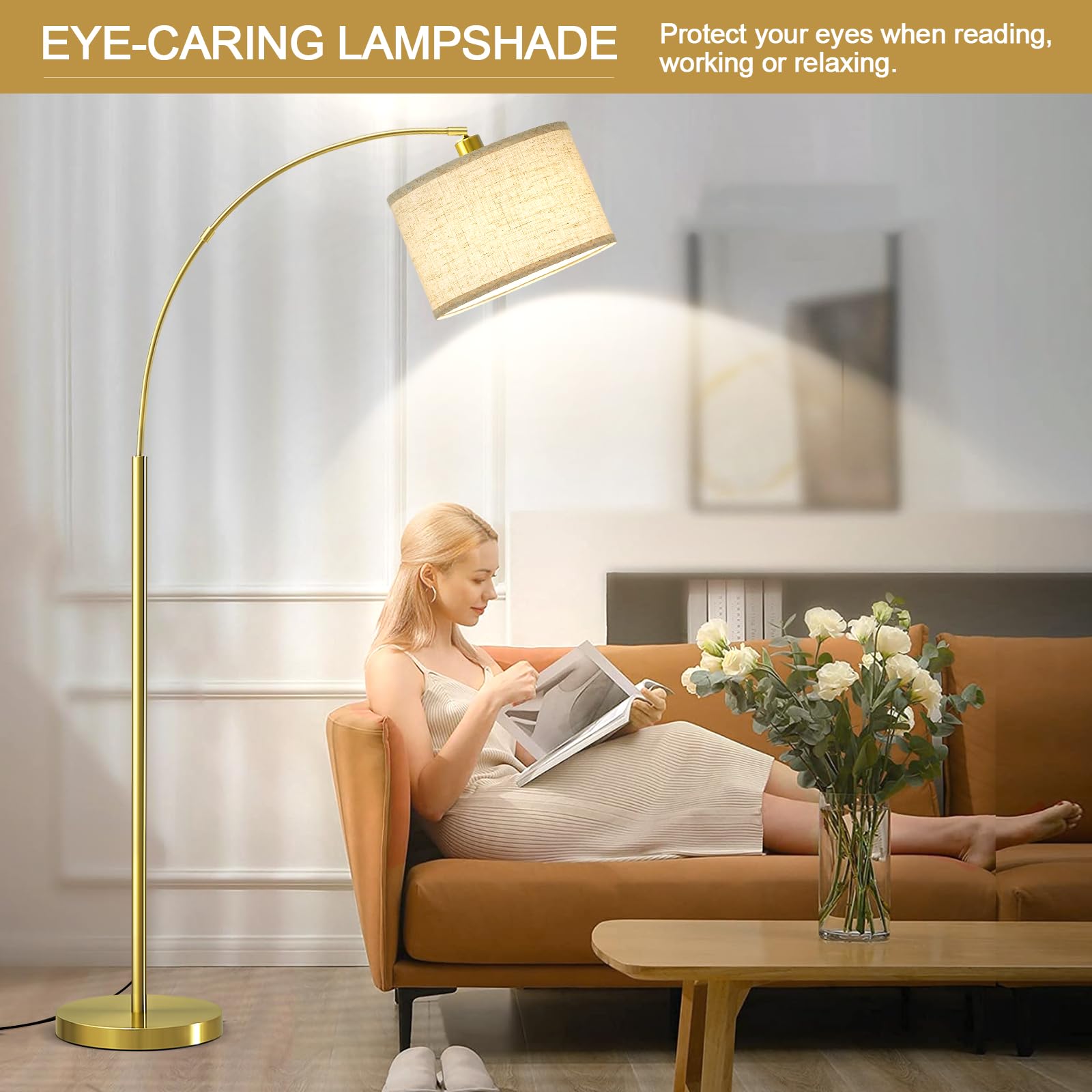 Luvkczc Arc Floor Lamp, 71'' Tall Standing Lamp With On/Off Foot Switch, Gold Floor Lamp For Living Room With Adjustable Drum La