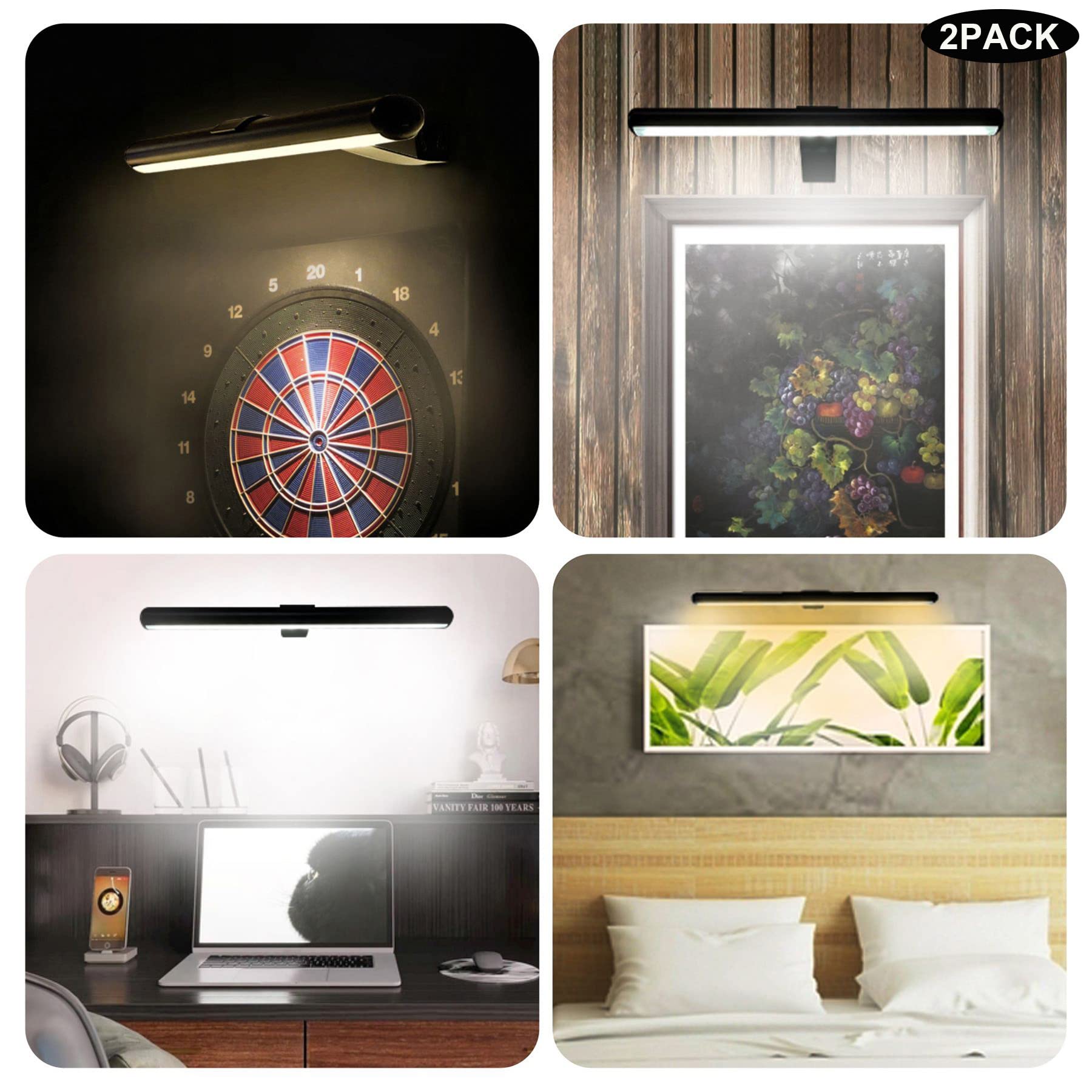 Yaqiihome 2Pack Black Led Picture Lights, 16&quot; Dimmable, Rechargeable, Remote Control, Magnetic