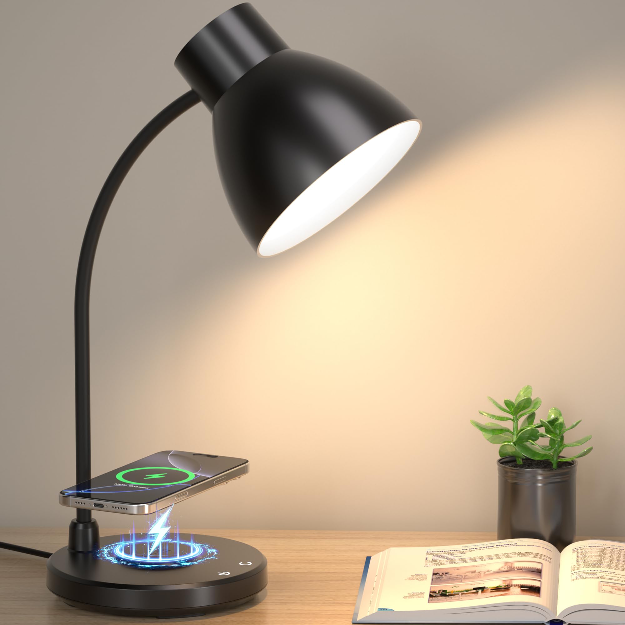 Vicsoon Desk Lamps for Home Office - LED Desk Lamp with Wireless Charger, 3 Color Modes Dimmable Eye-Caring Study Reading Desk L