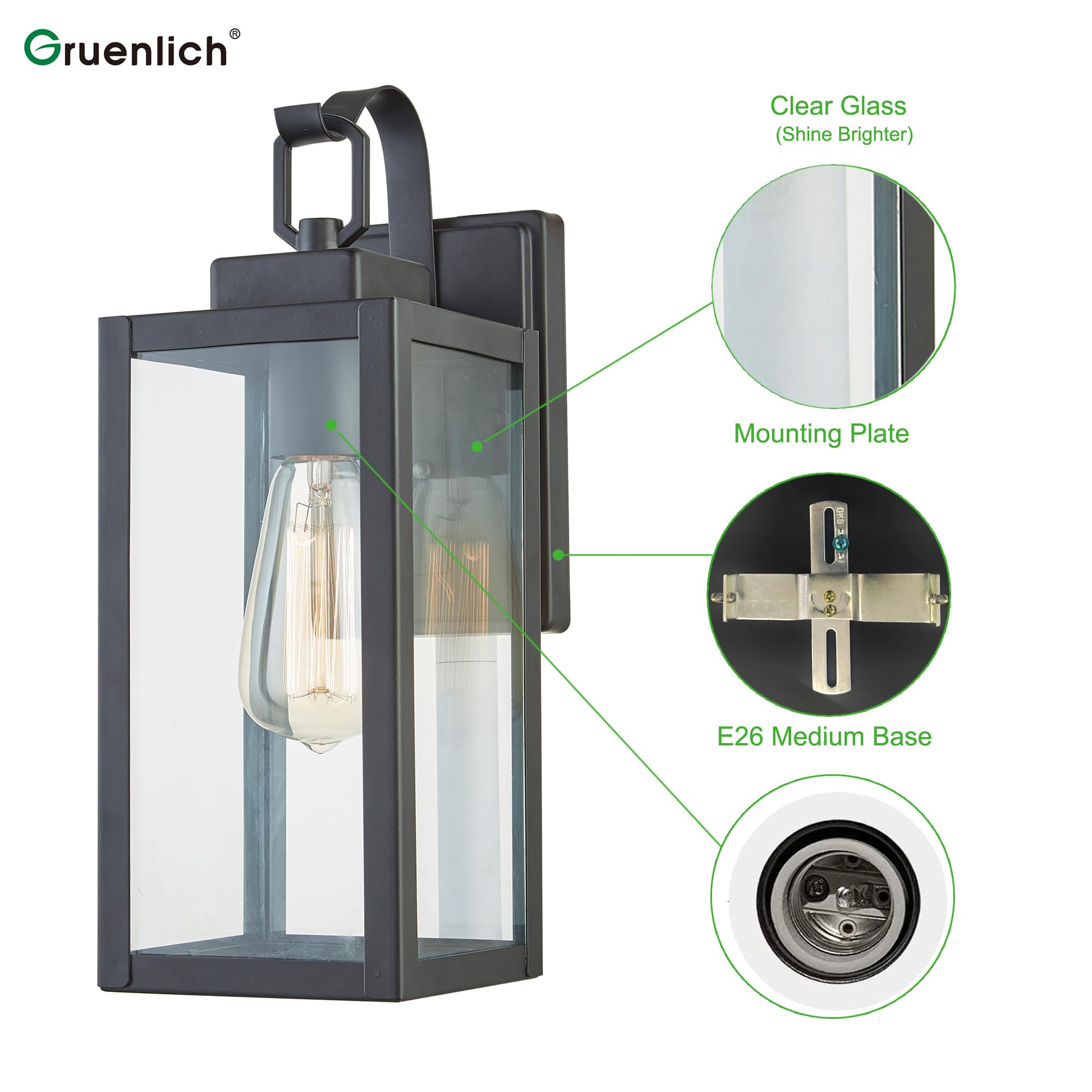 GRUENLICH Outdoor Wall Lantern Sconce, Matte Black, E26 Base, 60W Max, 13.75 Inch, Anti-rust Metal, Model GR-WL004