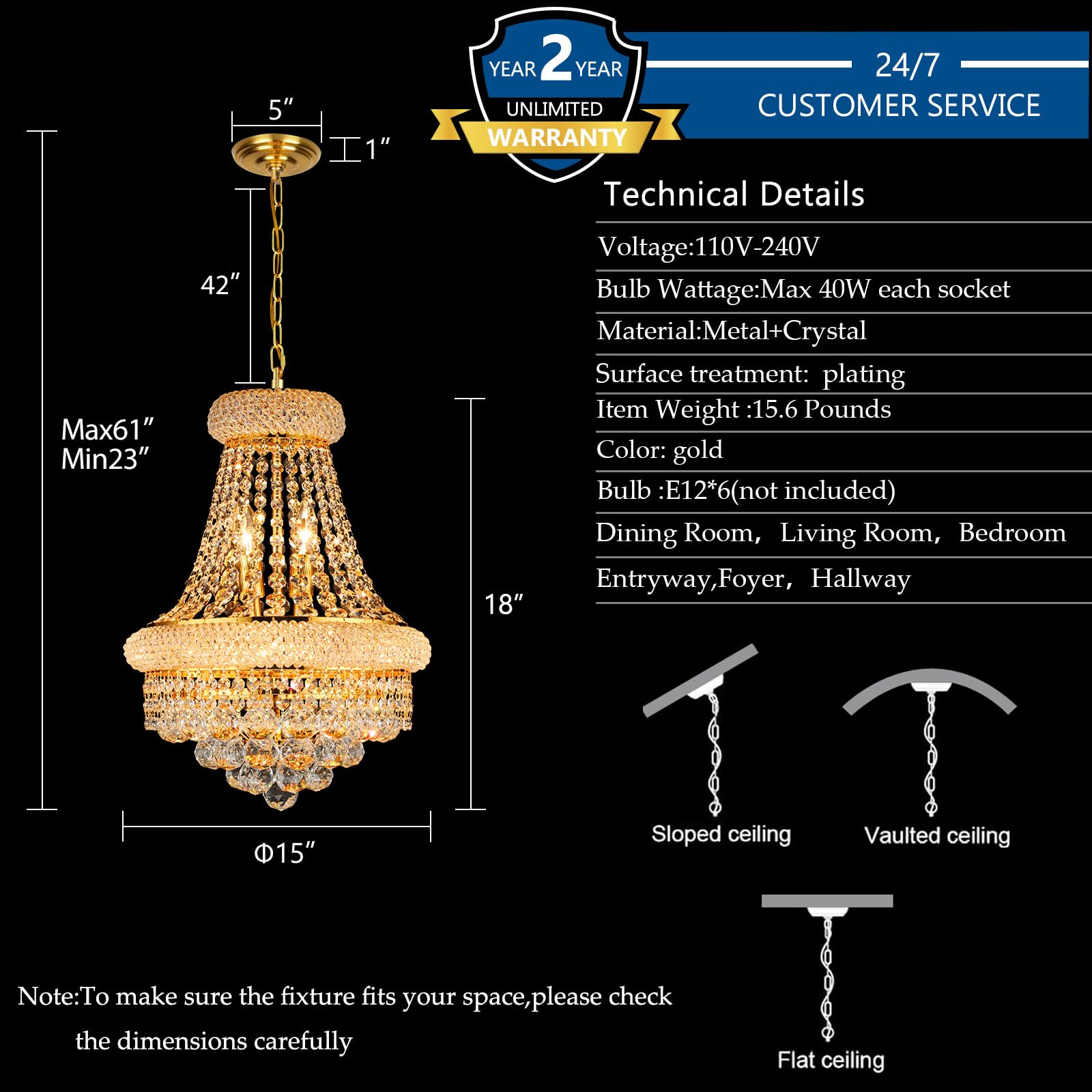 Gifarich Crystal Chandelier, 6 Lights, Gold Empire Style, D15'' - Perfect for Dining Room, Living Room, Kitchen, Entryway