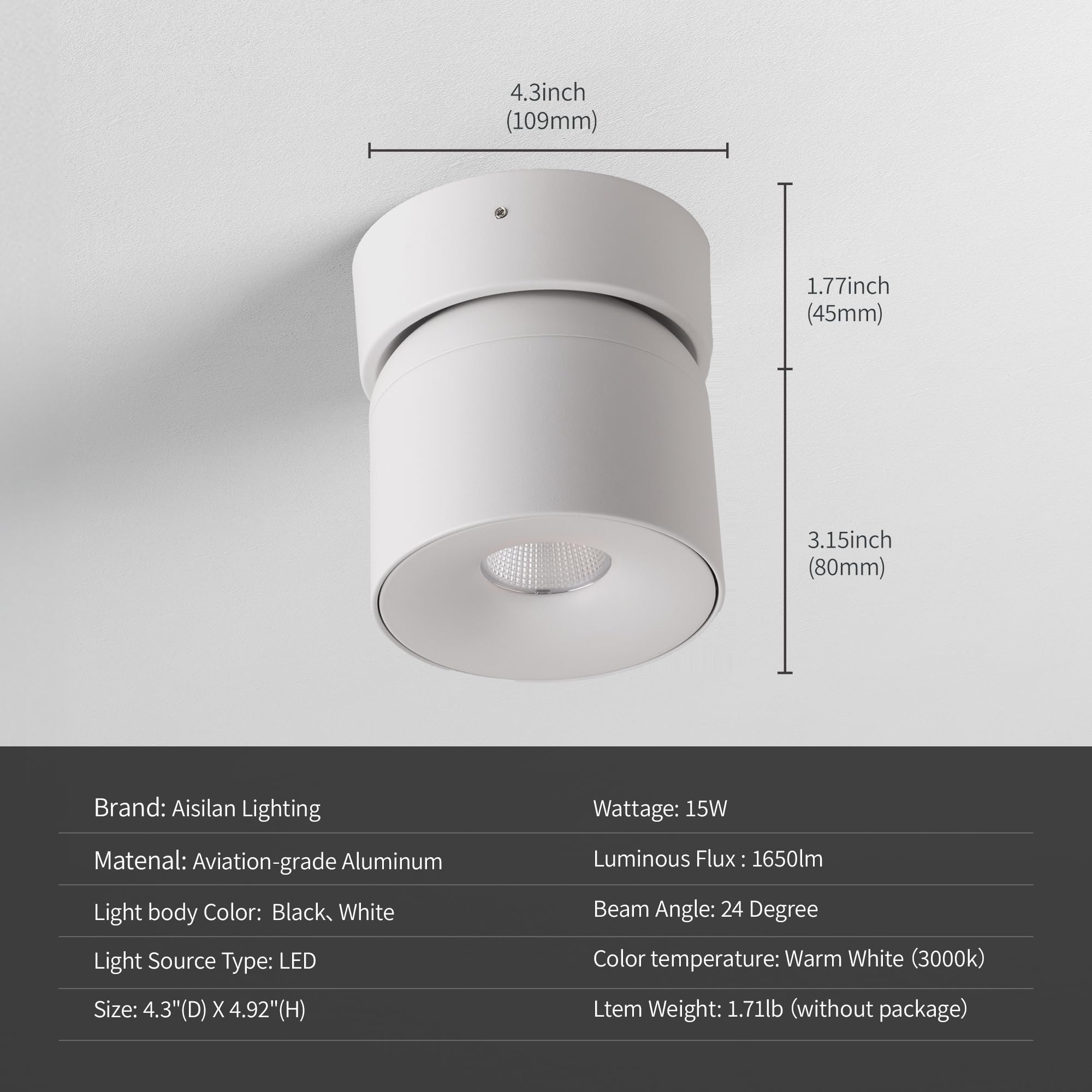 Aisilan 15W Dimmable LED Ceiling Spotlight, Modern White Wall Light, 350° Directional, CRI 97, Model MS052a-W-3K-Dim