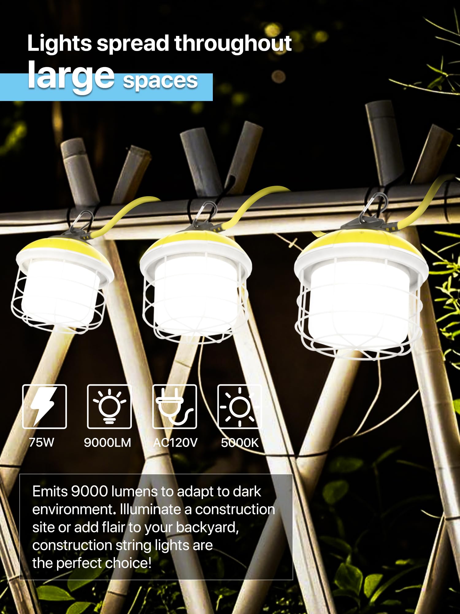 HYPERLITE LED String Lights - 50FT Work Lights with 5 Bulbs, IP65 Waterproof, White, Model HP-JL-BU01