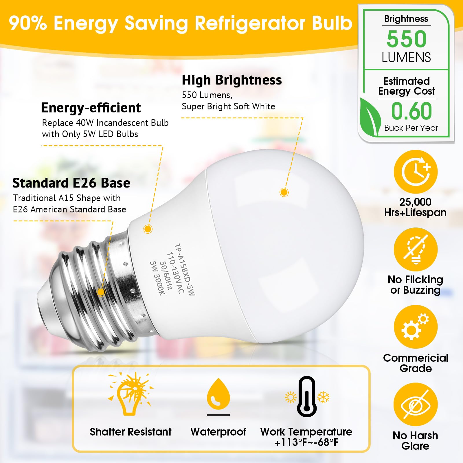 Maylaywood Led Refrigerator Light Bulb, 40 Watt Equivalent A15 Fridge Lights Waterproof Soft White 3000K 550Lm E26 Base 5W Appli